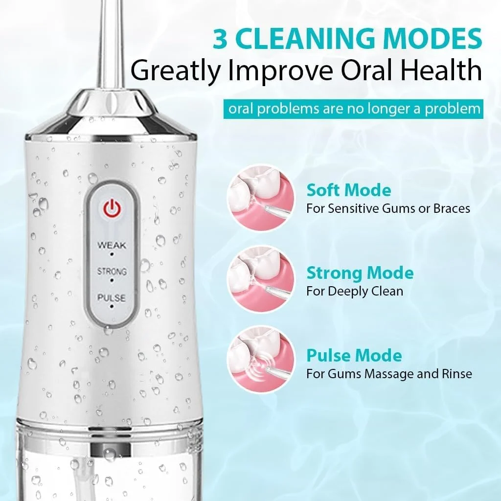 دستگاه نخ دندان آبی بی سیم برای تمیز کردن دندان، مخزن 220 میلی لیتری، 3 حالت، 4 نازل، ضد آب IPX7