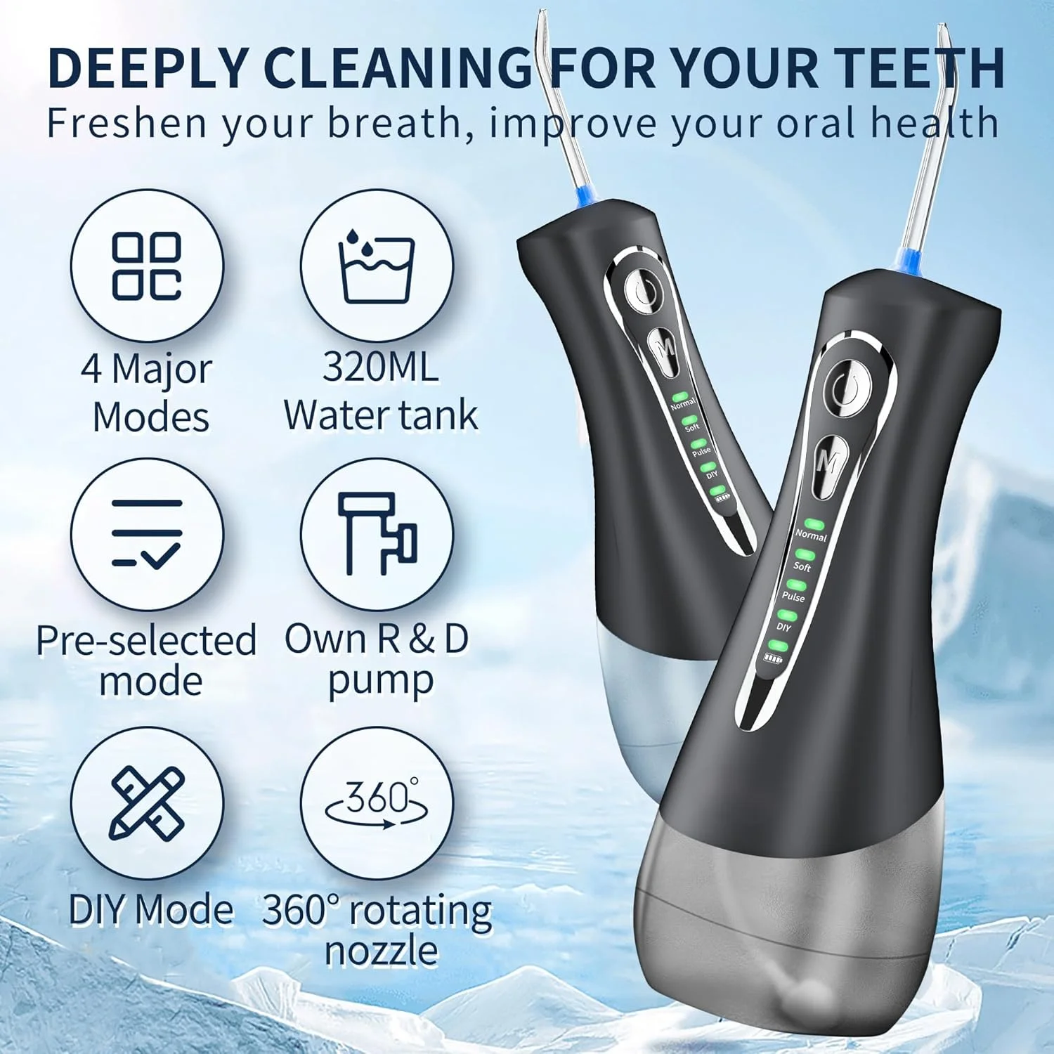 نسل جدید نخ دندان آبی بی‌سیم، دستگاه شستشوی دهان حرفه‌ای، ارتقا یافته 2024، ضدآب IPX7، با کیف مسافرتی و 7 سری جت، قابل شارژ برای خانه و مسافرت (نسخه مشکی)