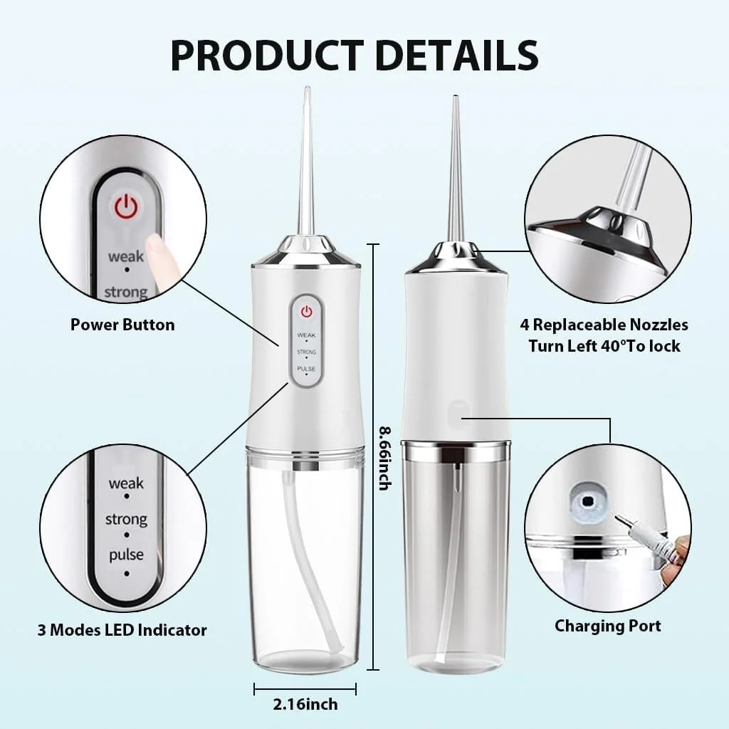 دستگاه نخ دندان آبی بی سیم برای تمیز کردن دندان، مخزن 220 میلی لیتری، 3 حالت، 4 نازل، ضد آب IPX7