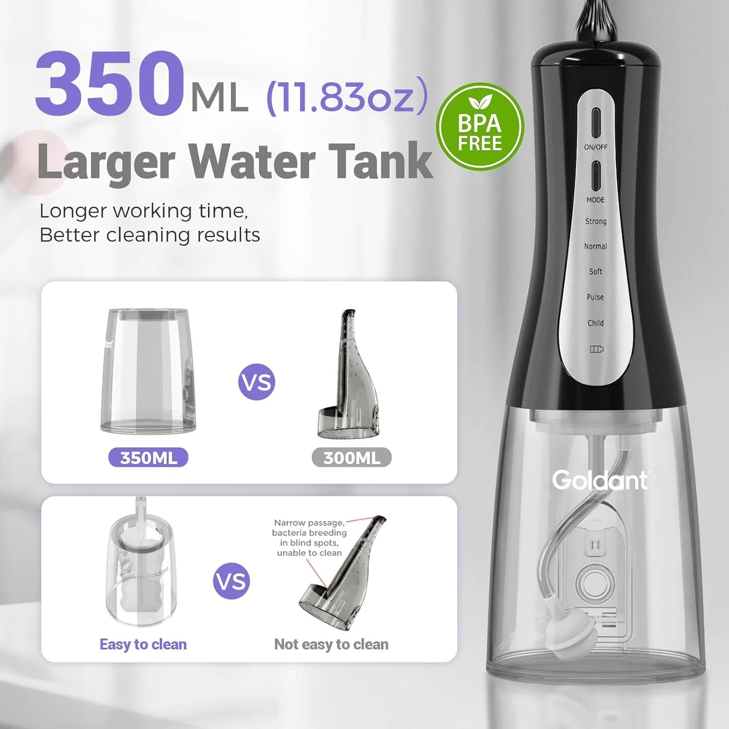 دستگاه شستشوی دهان و دندان گلدنت 350 میلی لیتر به همراه کیف مسافرتی، 5 حالت مختلف، قابل حمل، بدون سیم، تمیز کننده دندان قابل شارژ، ضد آب IPX7 مناسب منزل و مسافرت (مشکی)