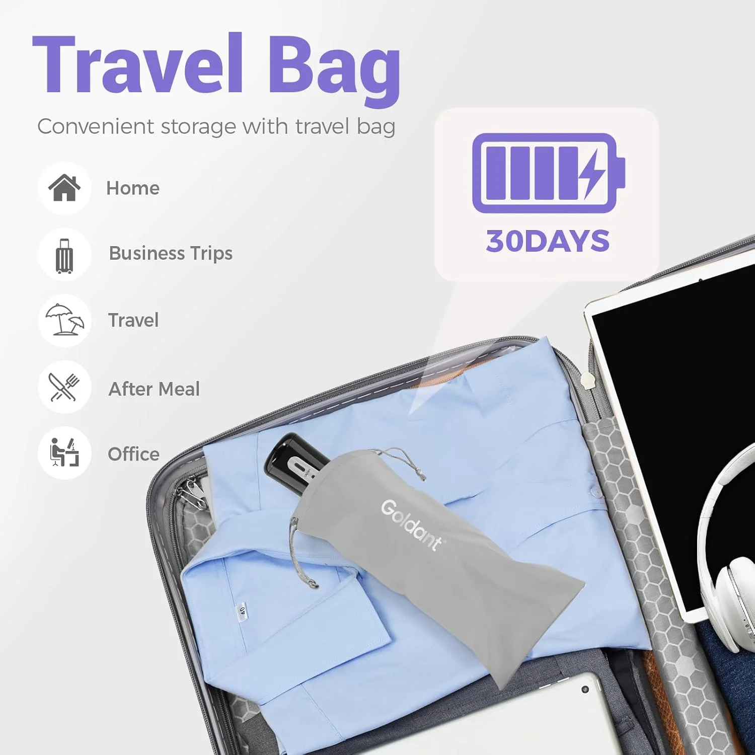 دستگاه شستشوی دهان و دندان گلدنت 350 میلی لیتر به همراه کیف مسافرتی، 5 حالت مختلف، قابل حمل، بدون سیم، تمیز کننده دندان قابل شارژ، ضد آب IPX7 مناسب منزل و مسافرت (مشکی)