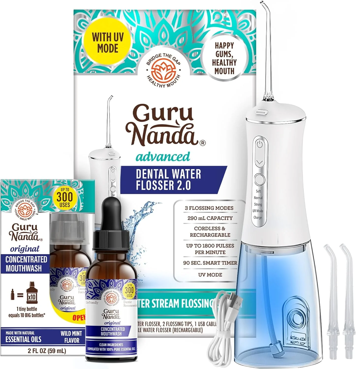 دستگاه پاک کننده پیشرفته دهان و دندان GuruNanda 2.0 به همراه حالت UV و دهانشویه غلیظ - تنفس تازه و حذف کامل پلاک برای لبخندی درخشان تر