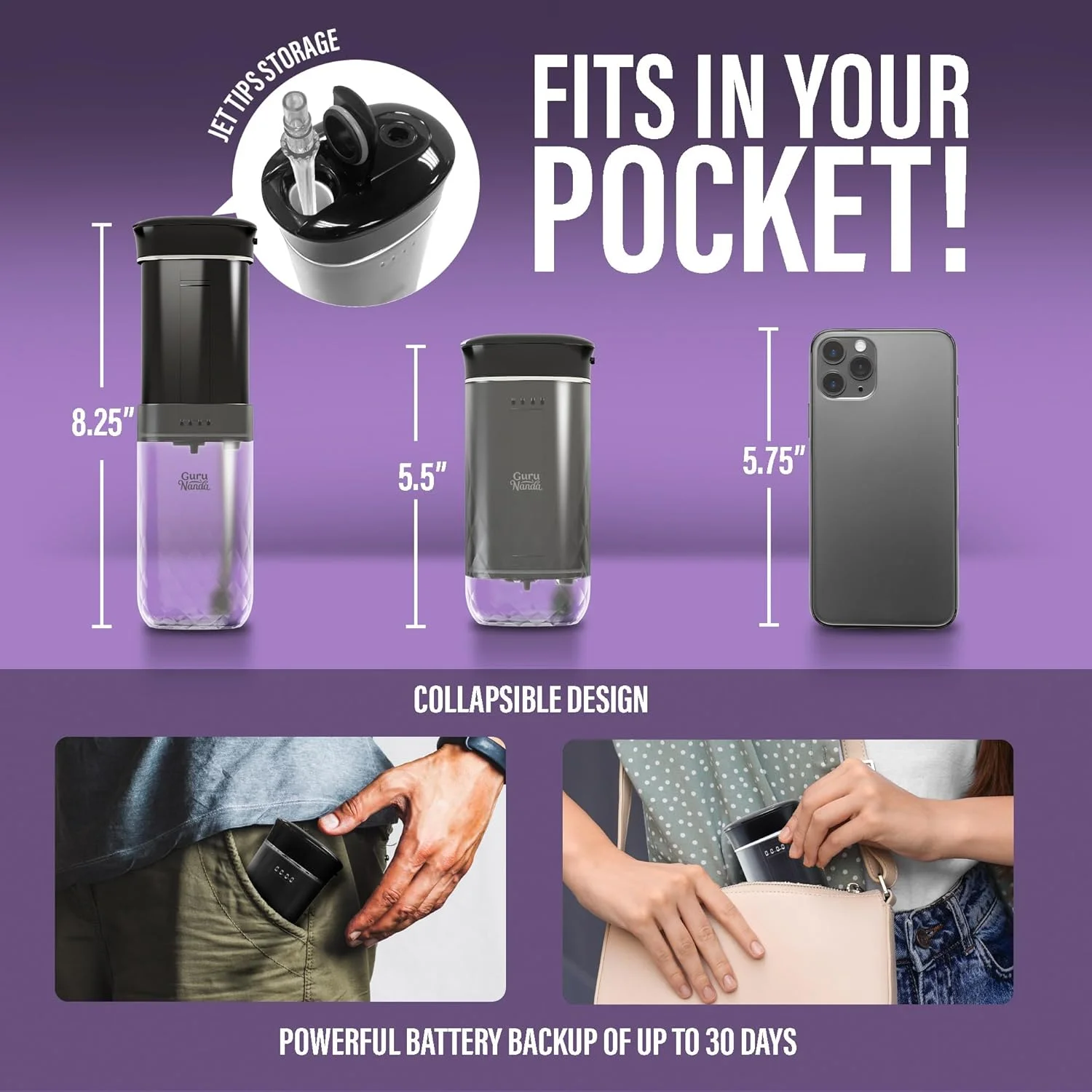 دستگاه واتر فلاسر دندان GuruNanda جمع و جور، سایز مسافرتی قابل حمل، دارای مخزن تاشو 180 میلی لیتری، تایمر هوشمند، 4 حالت نخ دندان کشی - مشکی