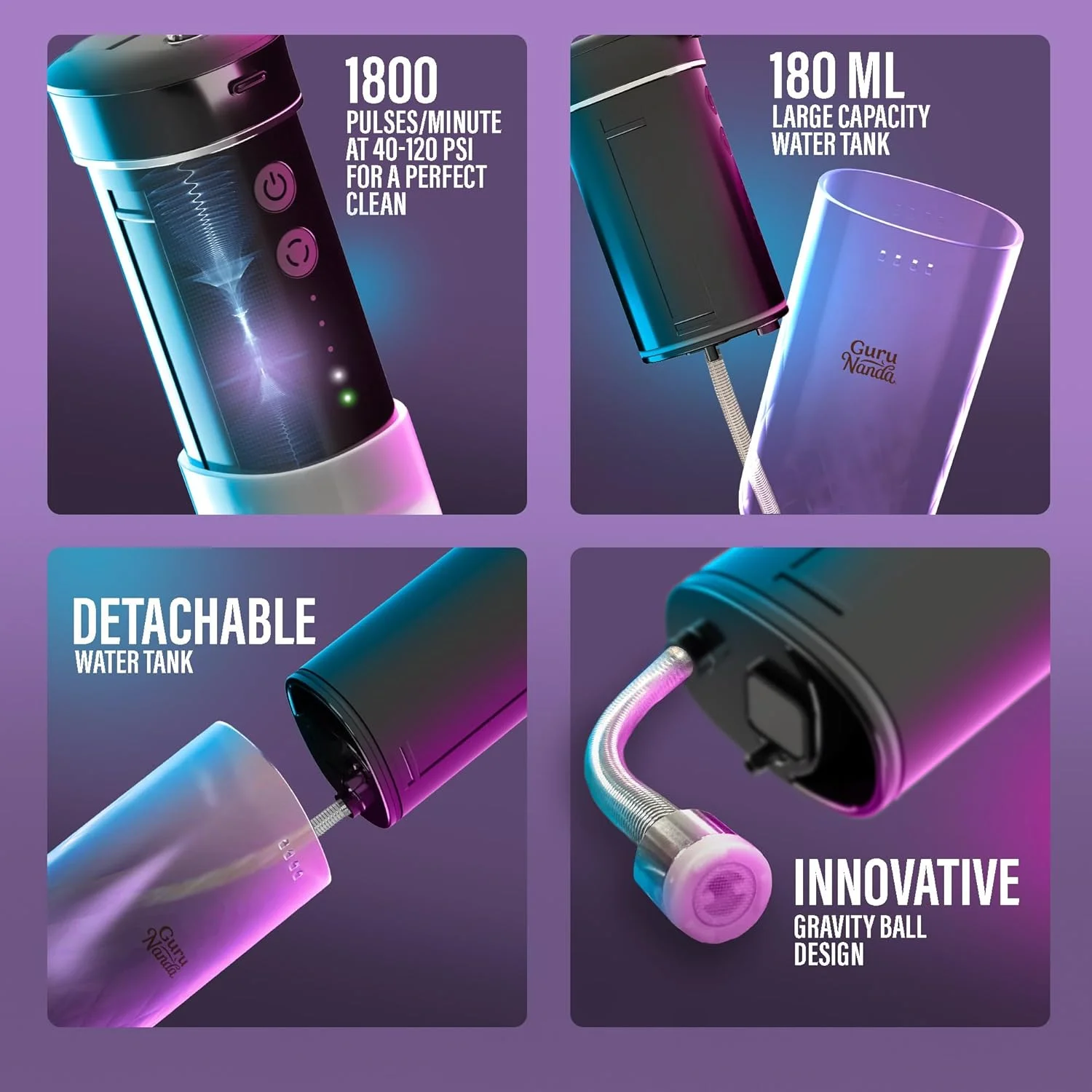 دستگاه واتر فلاسر دندان GuruNanda جمع و جور، سایز مسافرتی قابل حمل، دارای مخزن تاشو 180 میلی لیتری، تایمر هوشمند، 4 حالت نخ دندان کشی - مشکی