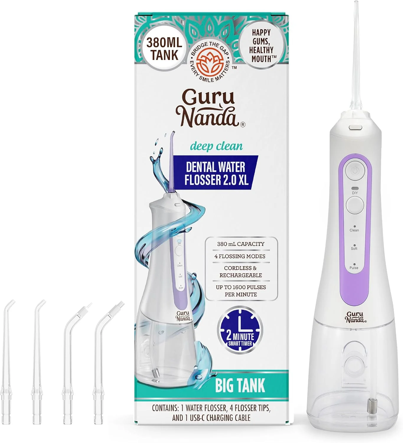 دستگاه پاک کننده دندان GuruNanda Water Dental Flosser 2.0 XL – مخزن بزرگ 380 میلی لیتری، 4 حالت پاکسازی، بی سیم و قابل حمل با تایمر هوشمند برای پاکسازی عمیق و لثه های سالم - اسطوخودوس