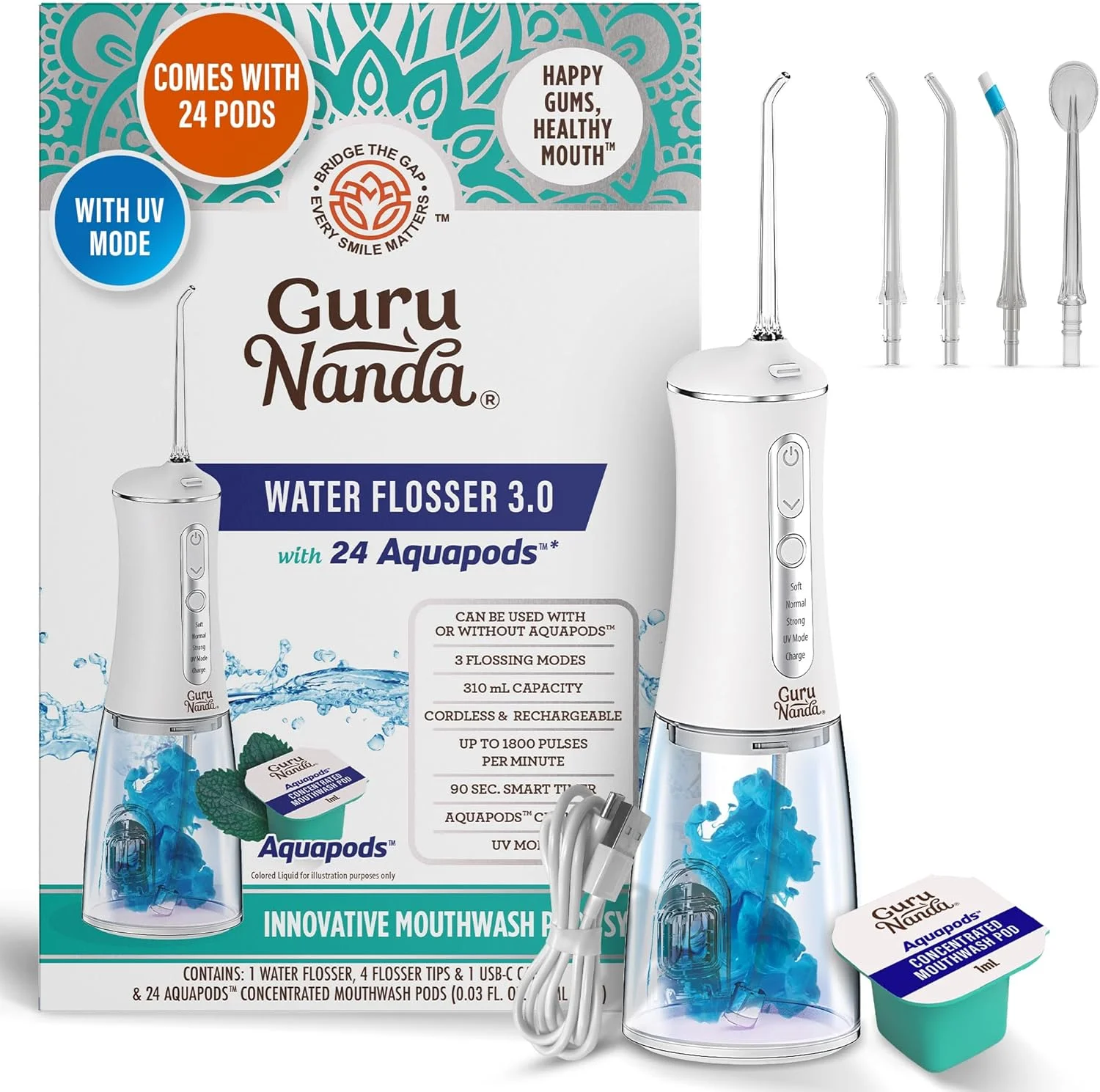 دستگاه پاک کننده دندان GuruNanda مدل Advanced Dental Water Flosser 3.0 به همراه حالت UV و 24 عدد آکواپاد حاوی دهانشویه برای تنفس تازه و از بین بردن پلاک، جمع و جور و مناسب مسافرت
