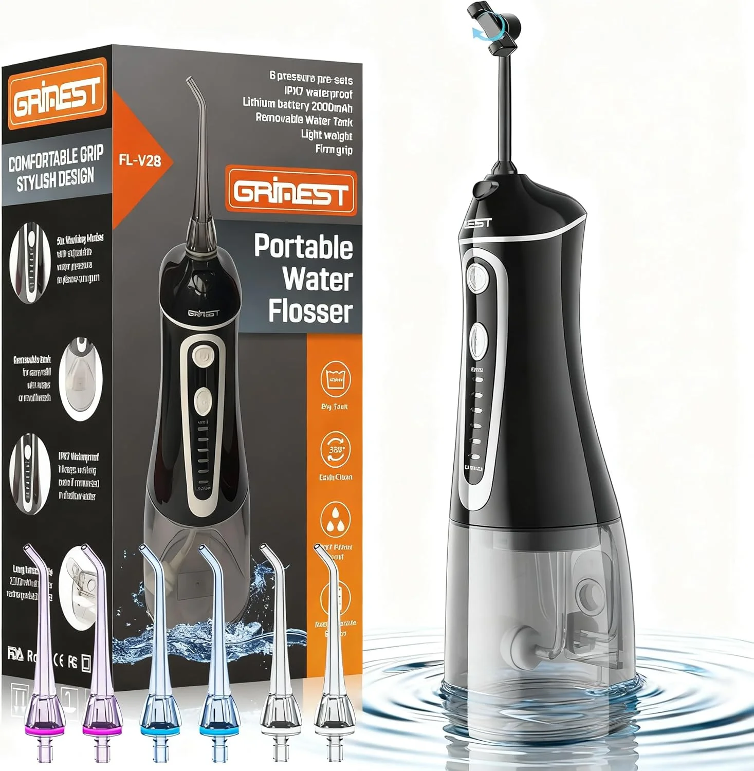 واتر فلاسر، نخ دندان آبی برای دندان، گرینست 7 حالت قابل شارژ بی سیم، دستگاه آبی قابل حمل IPX7 ضد آب برای مسافرت در منزل - مشکی
