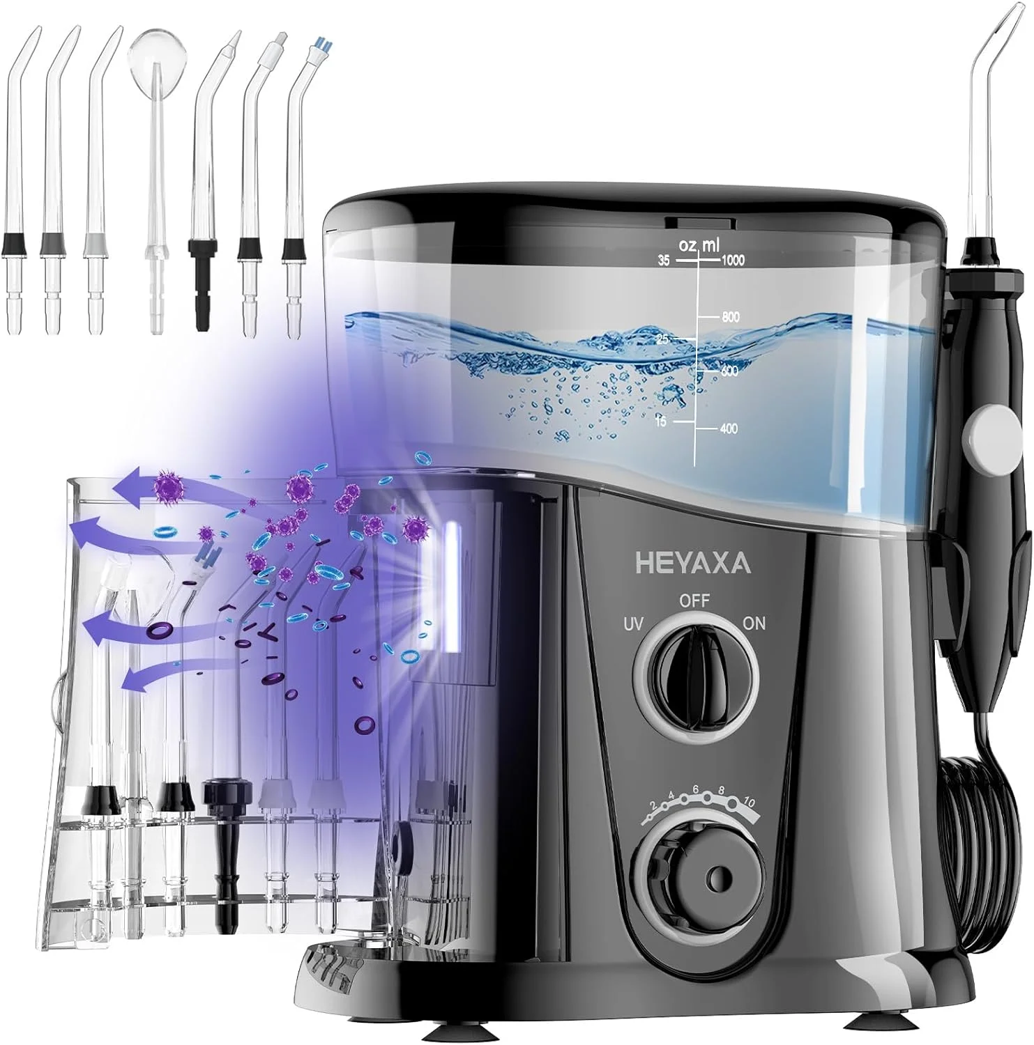 دستگاه شستشوی دهان و دندان با مخزن بزرگ 1000 میلی لیتری و محفظه نگهداری UV، دارای 10 حالت تنظیم فشار و 7 نازل، مناسب برای استفاده خانگی، لثه و ارتودنسی