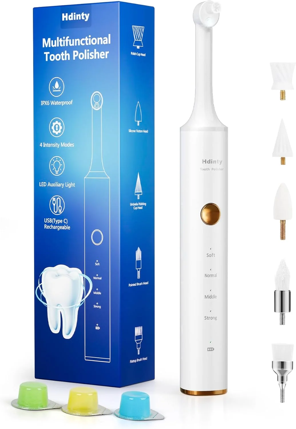 دستگاه پولیش دندان، پاک کننده جرم دندان قابل شارژ برای سفید کردن و تمیز کردن دندان با 4 حالت سرعت، 5 سر برس و چراغ LED (سفید)