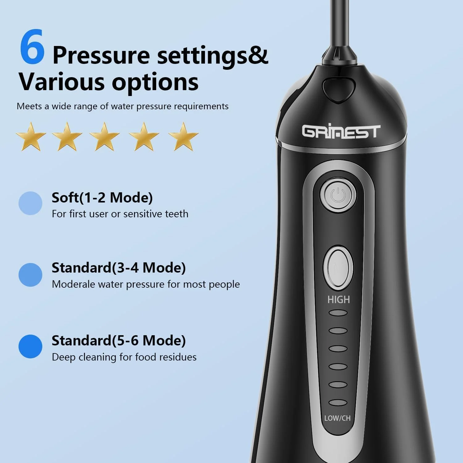 واتر فلاسر، نخ دندان آبی برای دندان، گرینست 7 حالت قابل شارژ بی سیم، دستگاه آبی قابل حمل IPX7 ضد آب برای مسافرت در منزل - مشکی