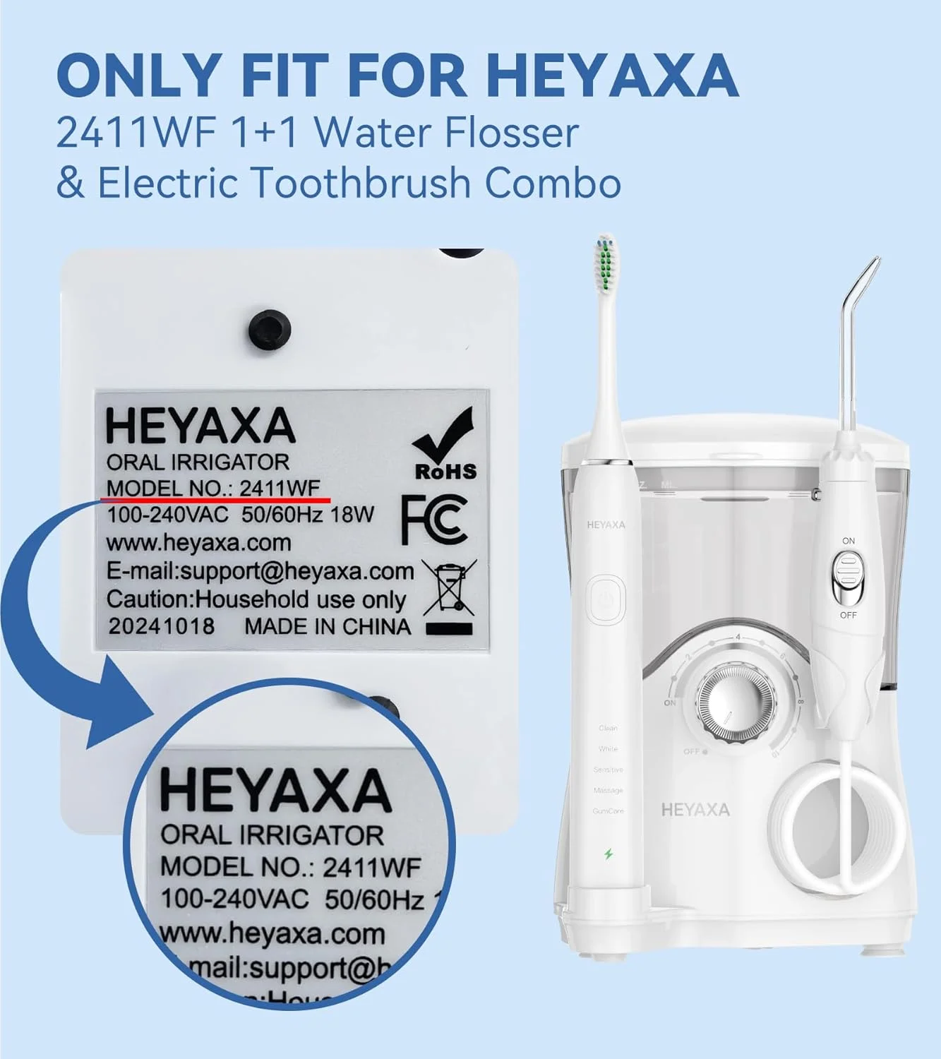 ست مسواک برقی اولتراسونیک و نخ دندان آبی HEYAXA مدل 2411WF به همراه سری اضافه نخ دندان آبی، 5 عدد، سفید