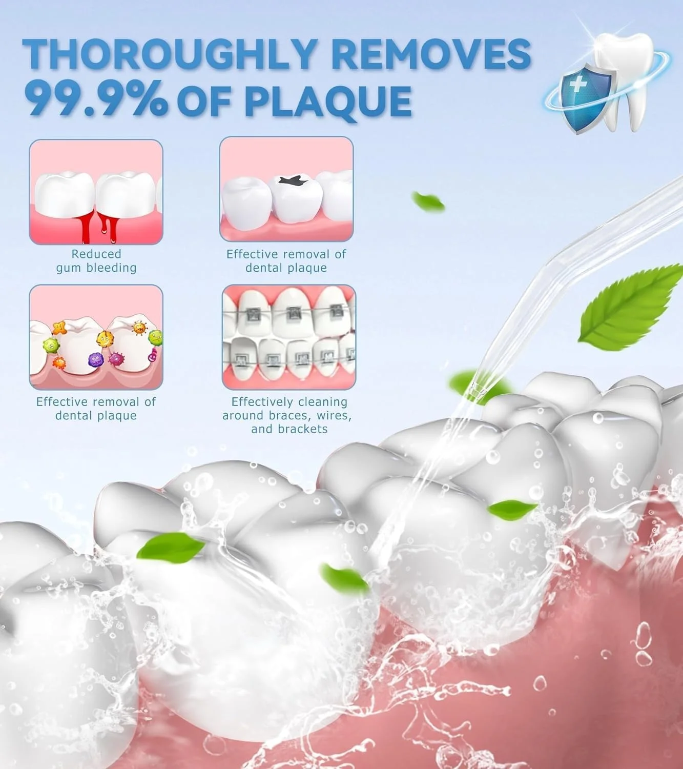 دستگاه شستشوی دهان و دندان با مخزن بزرگ 1000 میلی لیتری و محفظه نگهداری UV، دارای 10 حالت تنظیم فشار و 7 نازل، مناسب برای استفاده خانگی، لثه و ارتودنسی