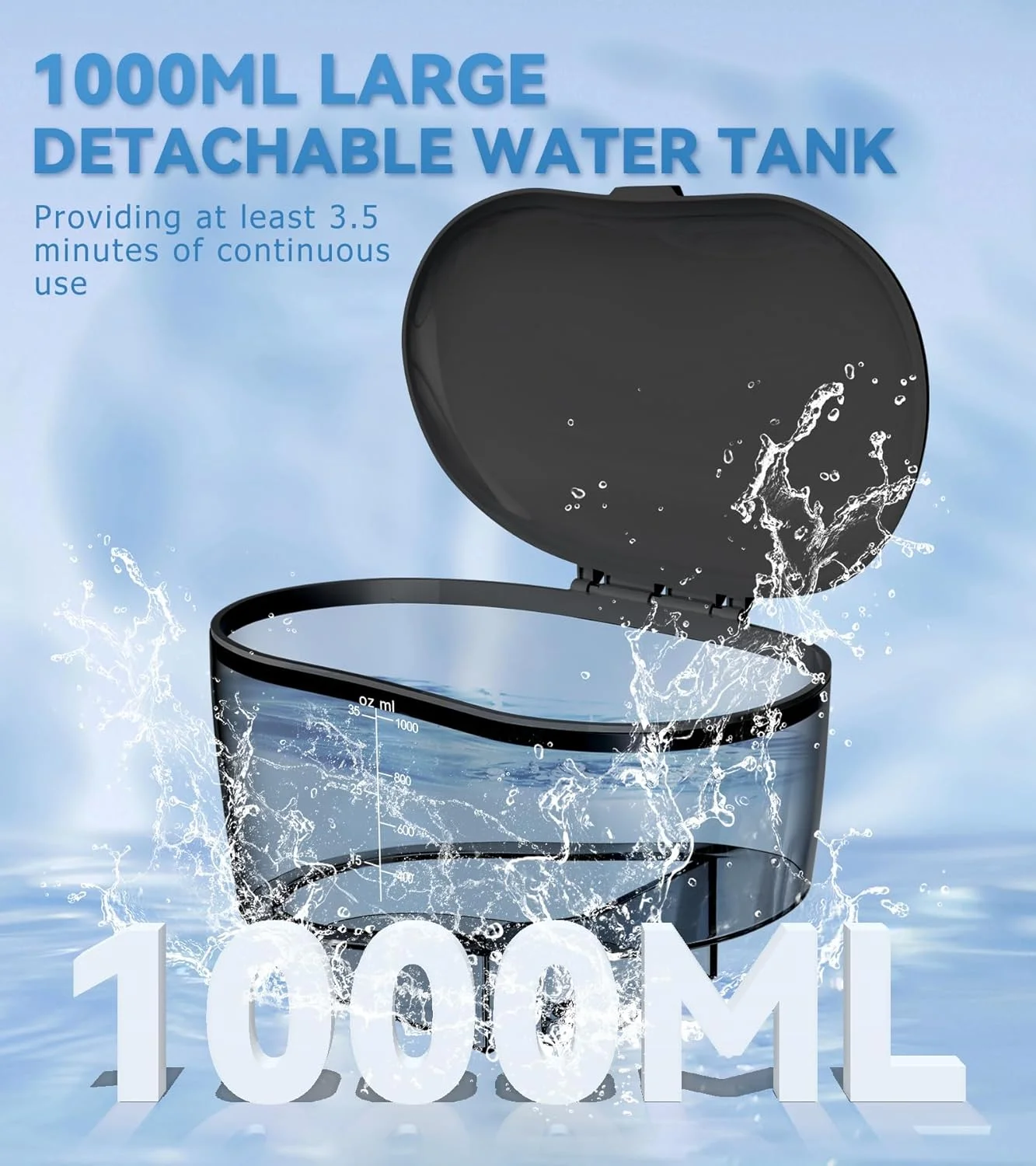 دستگاه شستشوی دهان و دندان با مخزن بزرگ 1000 میلی لیتری و محفظه نگهداری UV، دارای 10 حالت تنظیم فشار و 7 نازل، مناسب برای استفاده خانگی، لثه و ارتودنسی