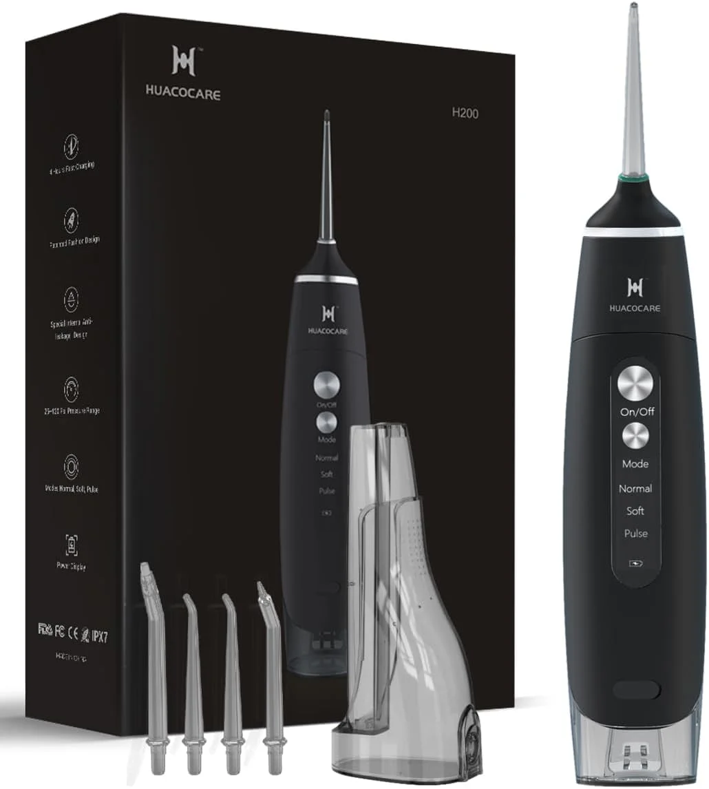 نخ دندان آبی HUACO CARE، مجهز به دو مخزن آب برای خانه و مسافرت، دارای 3 حالت، دستگاه شستشوی دهان و دندان، قابل حمل، ضد آب IPX7، عمر باتری قدرتمند، نخ دندان آبی برای دندان