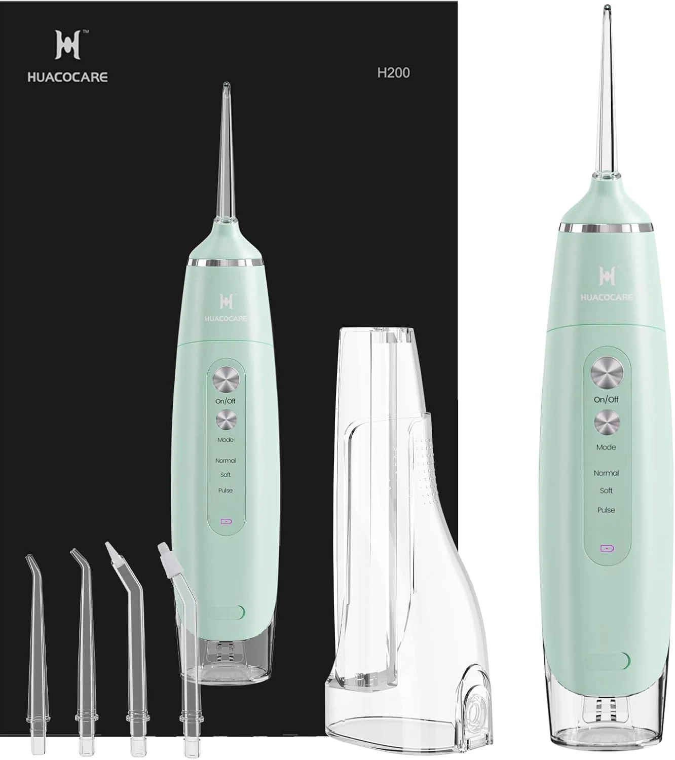 واتر فلاسر مجهز به دو مخزن آب برای منزل و مسافرت، دارای 3 حالت، دستگاه شستشوی دهان و دندان، قابل حمل، ضد آب IPX7، عمر باتری قدرتمند، نخ دندان آبی برای دندان (سبز روشن)