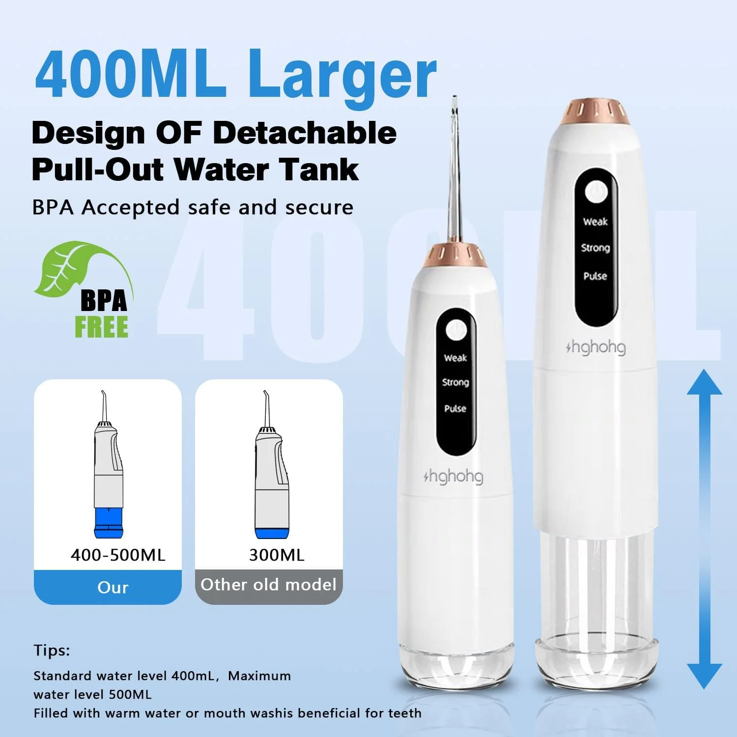 دستگاه پاک کننده دندان با مخزن آب 500 میلی لیتری، مسواک آبی قابل حمل، ضد آب IPX6 با باتری قدرتمند، مناسب برای تمیز کردن دندان در خانه و مسافرت
