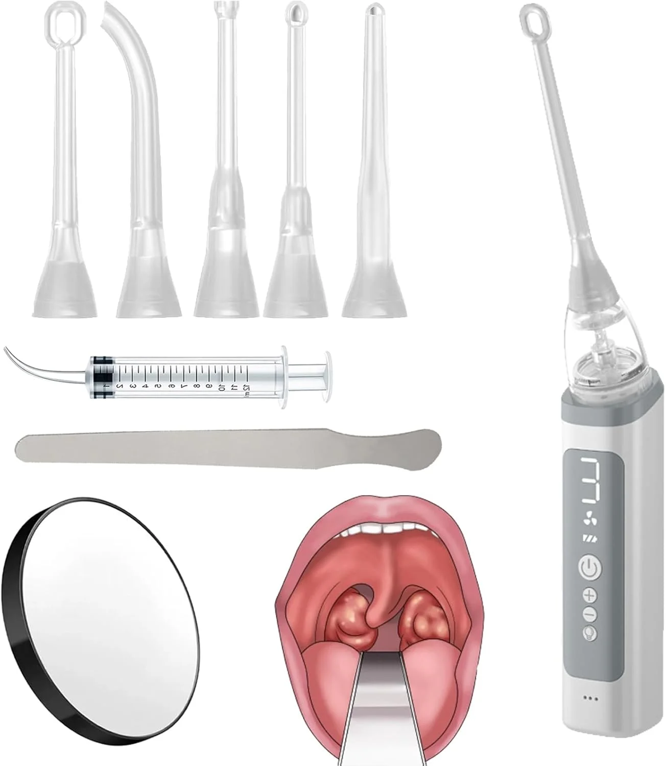 کیت حذف کننده سنگ لوزه، کیت حذف الکترونیکی سنگ لوزه با مکش و همراه با سرنگ شستشوی دهان، آبسلانگ و آینه بزرگنمایی 5 برابر (B)