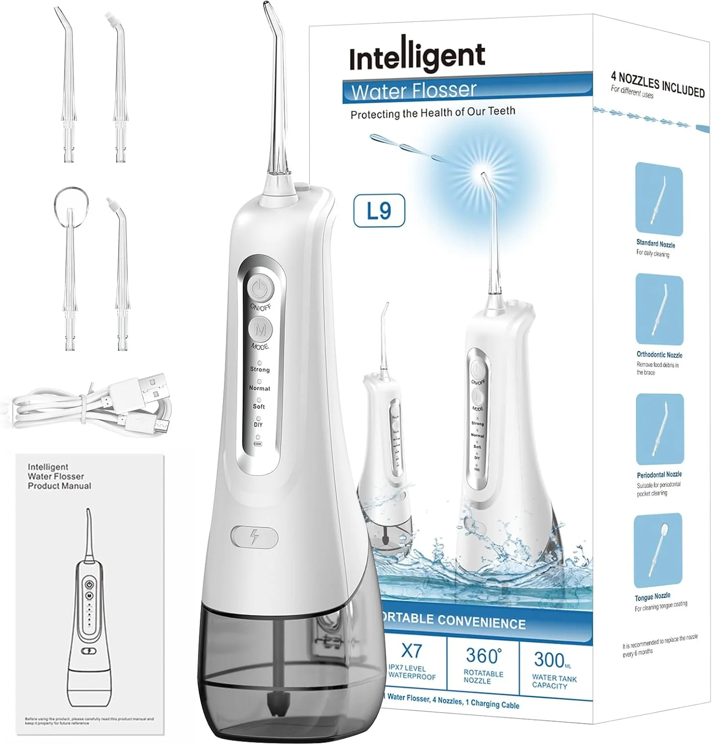 دستگاه شستشوی دهان و دندان HOHAOO، نخ دندان آبی بی سیم - دستگاه آبیاری دهان و دندان قابل حمل - 300 میلی لیتر، IPX7 ضد آب، حالت DIY و 3 حالت، 3 سری جت و تمیز کننده زبان، قابل شارژ USB برای مسافرت و خانه