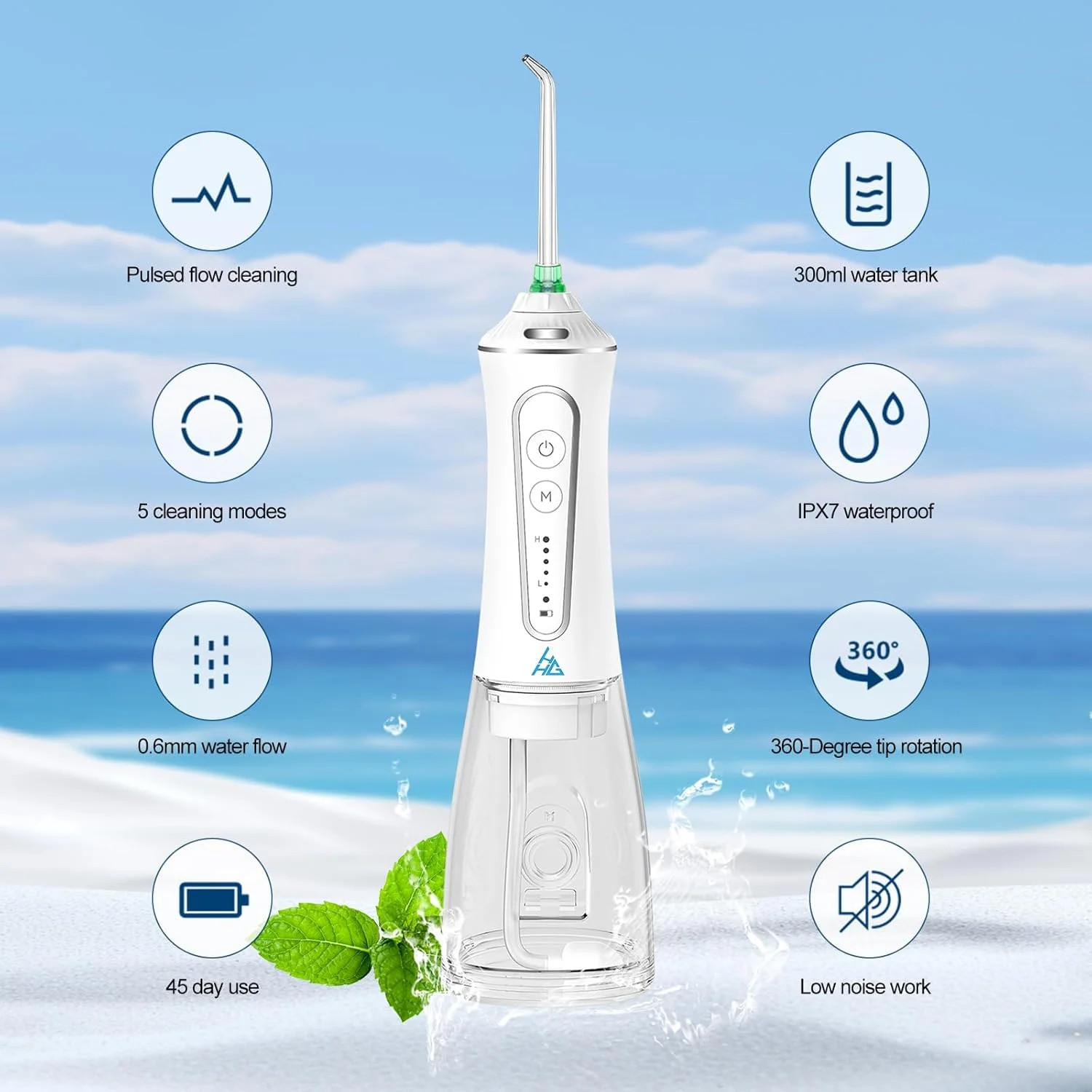 دستگاه نخ دندان آبی HomelyHub با ۵ حالت، باتری ۴۵ روزه، مخزن آب ۳۰۰ میلی لیتری و چراغ LED، سفید