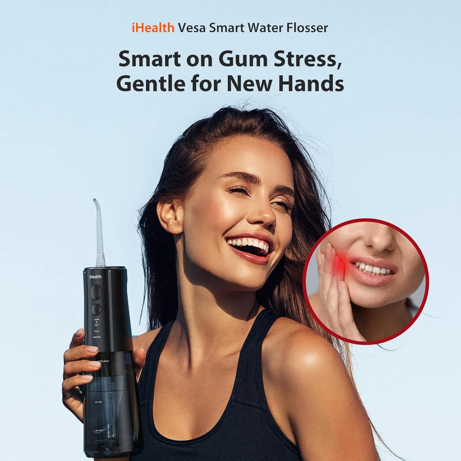 واتر فلاسر دندانی بی سیم iHealth Vesa: دستگاه آبیاری دهان قابل حمل با فناوری میکرو حباب، 4 حالت، 5 سری، مخزن 300 میلی لیتری، ضد آب IPX7 برای مراقبت موثر از دندان، لثه و ارتودنسی در خانه یا مسافرت