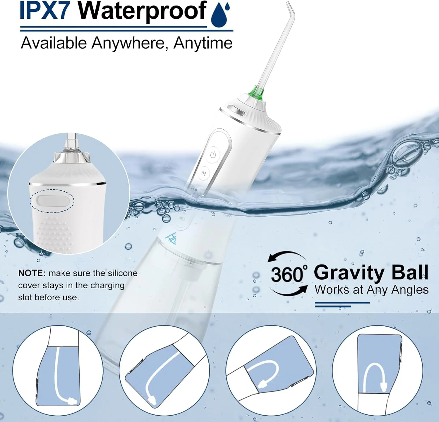دستگاه نخ دندان آبی HomelyHub با ۵ حالت، باتری ۴۵ روزه، مخزن آب ۳۰۰ میلی لیتری و چراغ LED، سفید
