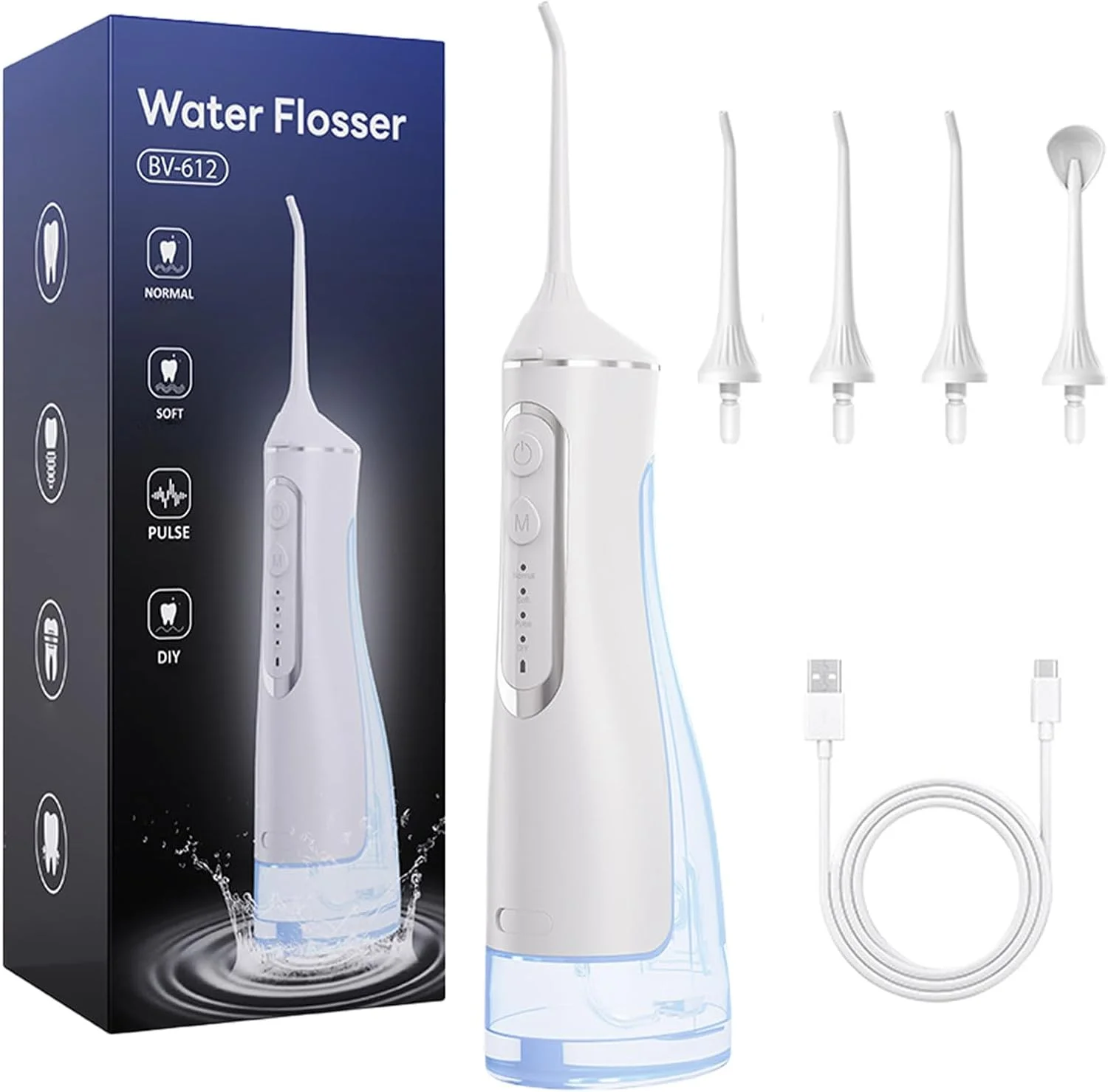 واتر فلاسر قابل حمل Hydropulse Pro با 4 حالت و 8 سری، دستگاه آبیاری دهان قابل حمل، ضدآب IPX7 با قابلیت شارژ USB، مخزن 300 میلی لیتری، تمیز کردن دندان بزرگسالان، مناسب برای خانه و مسافرت (سفید)