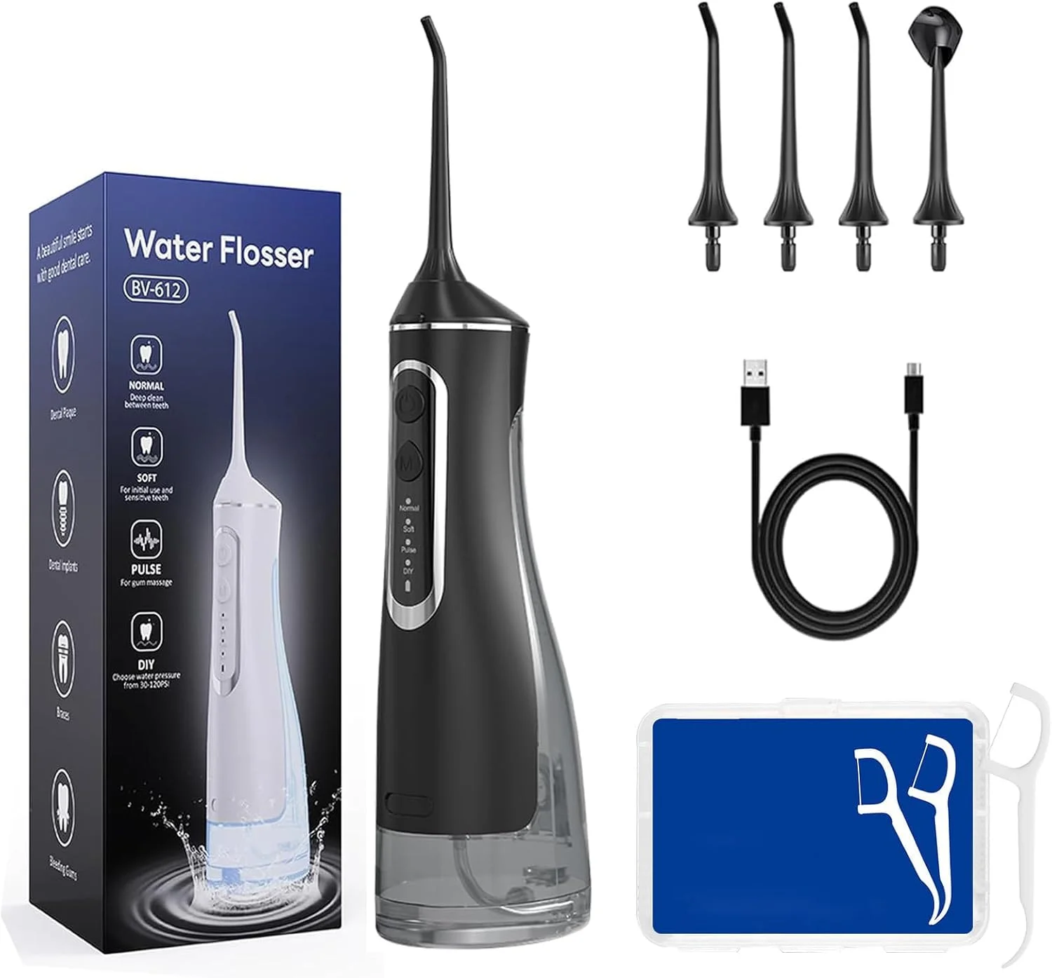 واتر فلاسر قابل حمل Hydropulse Pro با 4 حالت و 4 سری، واتر فلاسر قابل حمل Hydropulse، آبیاری دهان و دندان بی سیم، مخزن بزرگ 320 میلی لیتری، تمیز کردن عمیق و بی صدا برای مسافرت و خانه (مشکی)