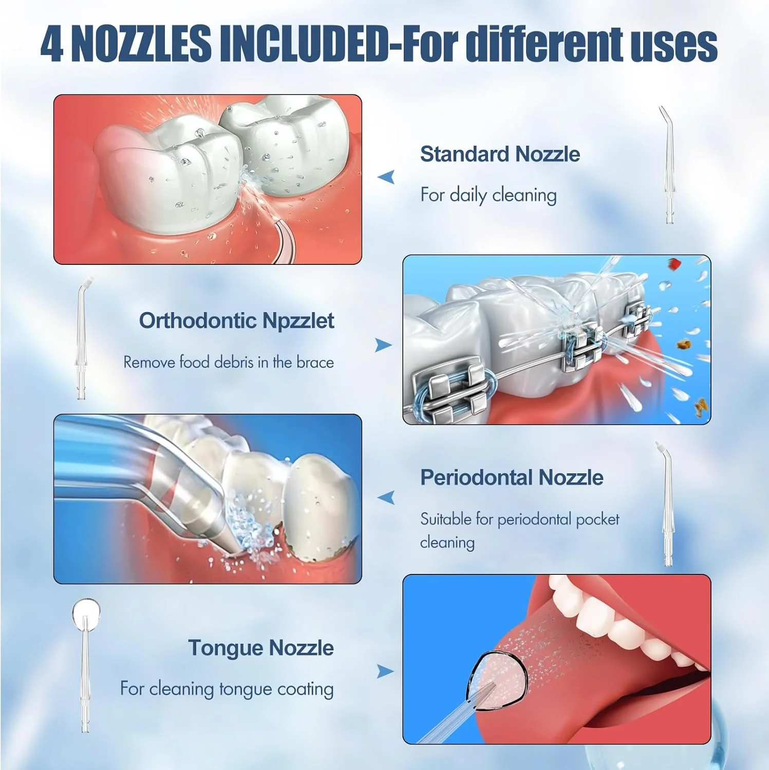 دستگاه شستشوی دهان و دندان HOHAOO، نخ دندان آبی بی سیم - دستگاه آبیاری دهان و دندان قابل حمل - 300 میلی لیتر، IPX7 ضد آب، حالت DIY و 3 حالت، 3 سری جت و تمیز کننده زبان، قابل شارژ USB برای مسافرت و خانه