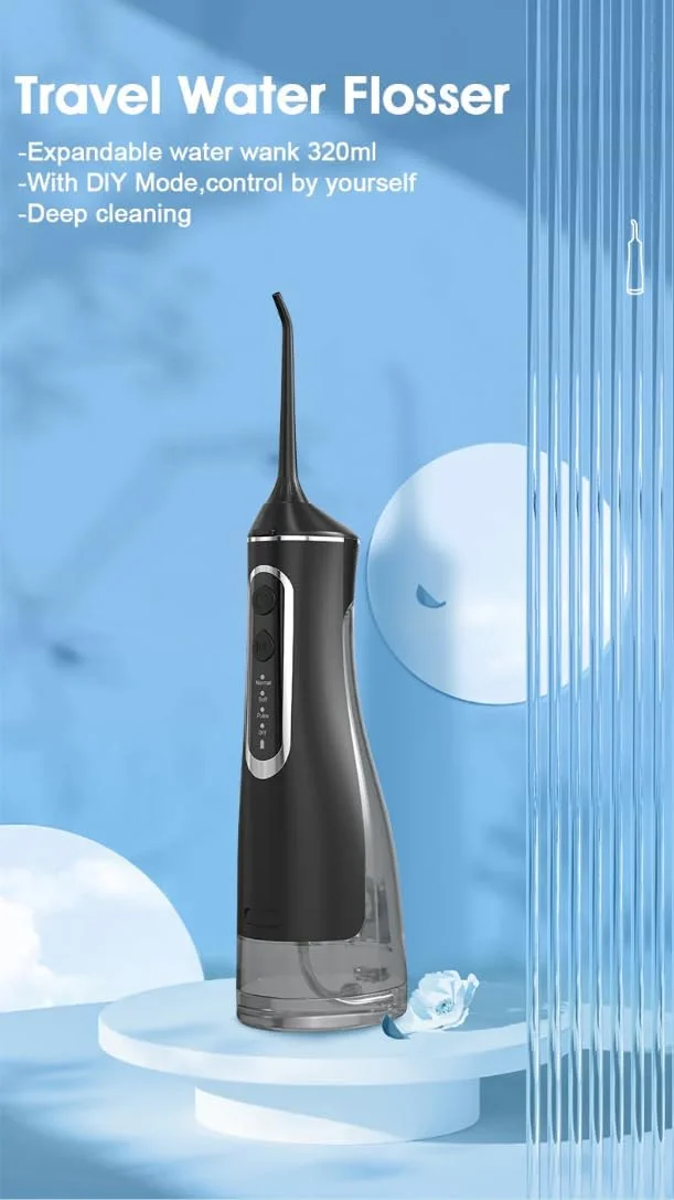 واتر فلاسر قابل حمل Hydropulse Pro با 4 حالت و 4 سری، واتر فلاسر قابل حمل Hydropulse، آبیاری دهان و دندان بی سیم، مخزن بزرگ 320 میلی لیتری، تمیز کردن عمیق و بی صدا برای مسافرت و خانه (مشکی)