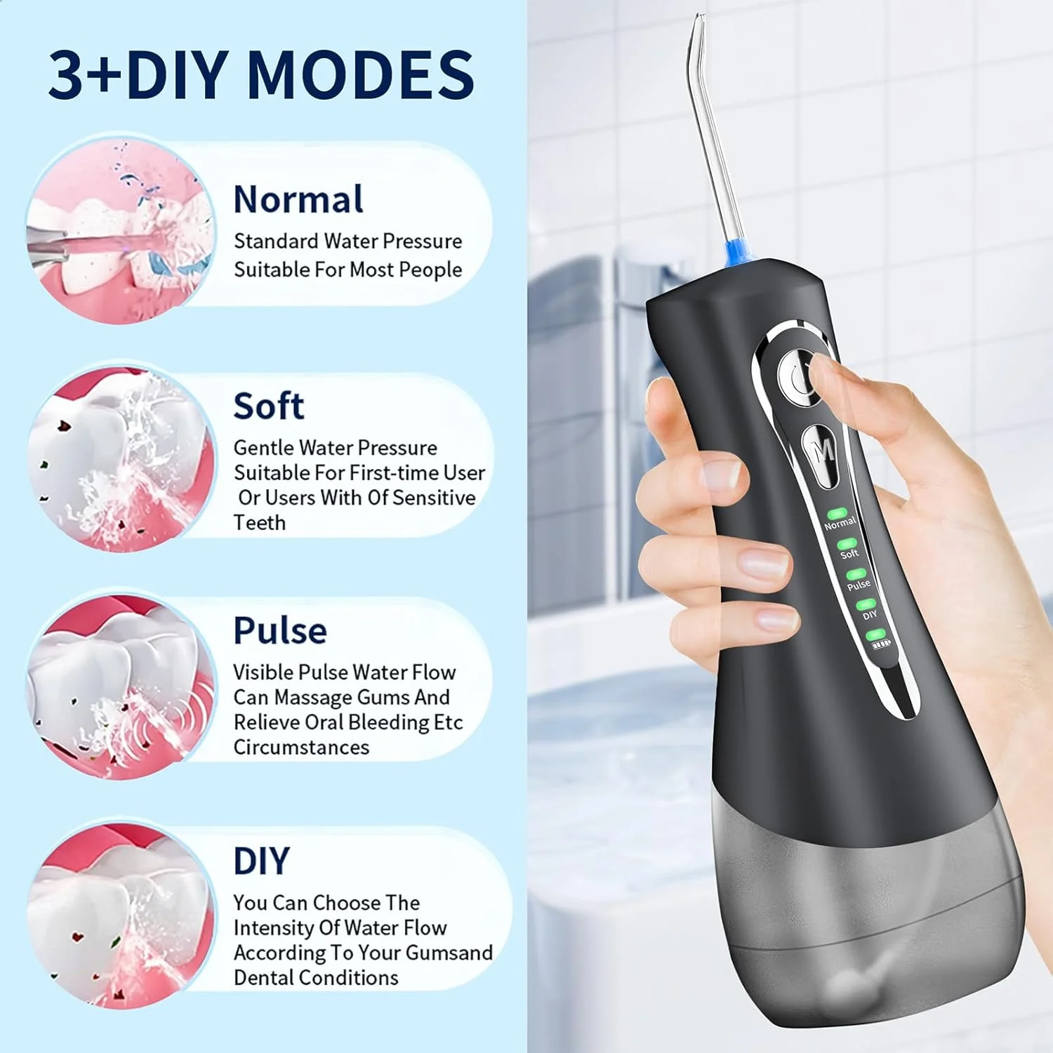 واتر فلاسر برای تمیز کردن دندان و نخ دندان کشیدن، 4 حالت، 4 سری جت، بی سیم، برقی، قابل حمل، شارژی، مناسب استفاده بزرگسالان و کودکان، مسافرت و ارتودنسی
