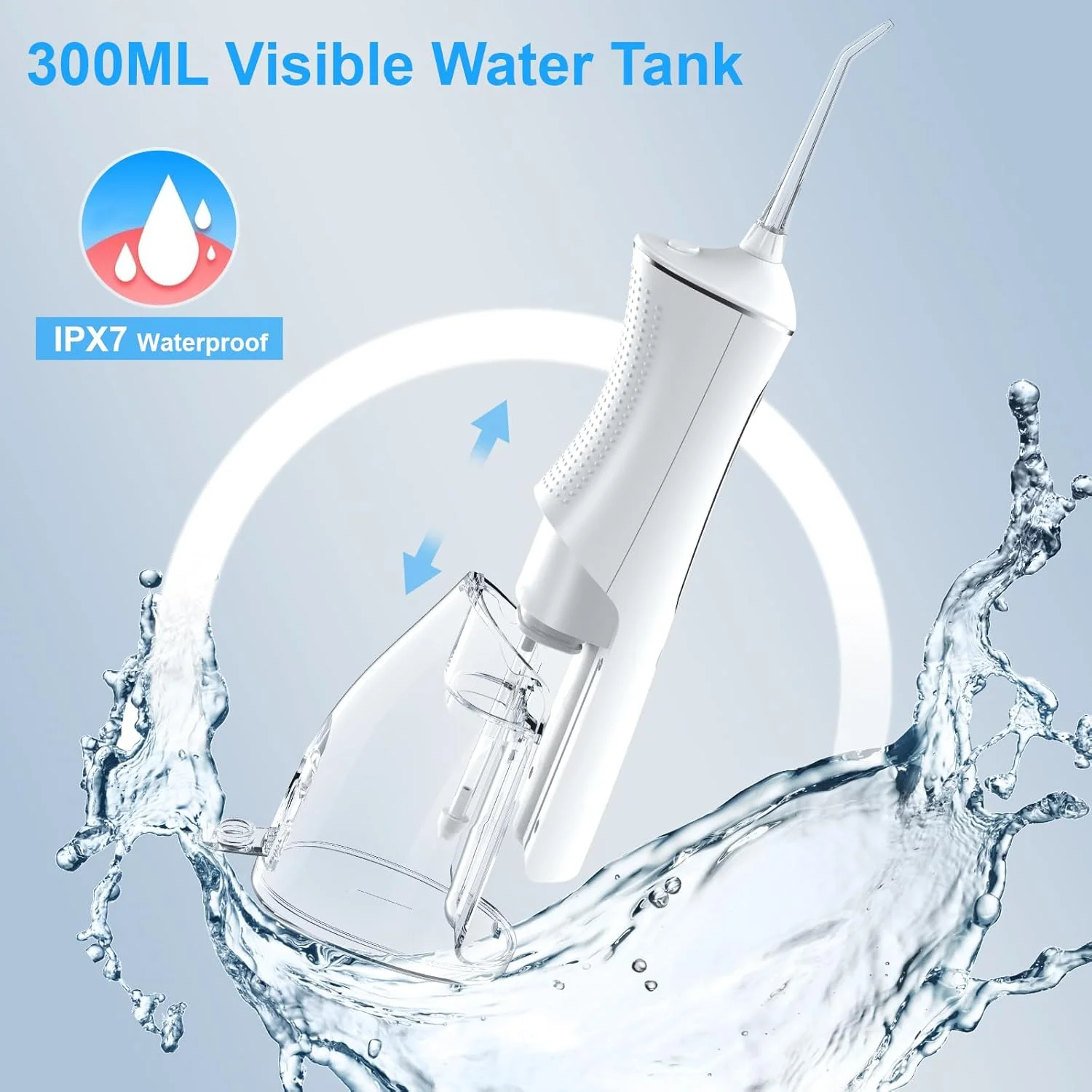 واتر فلاسر، دهان شویه آبی، مخزن آب 300 میلی لیتری، واتر فلاسر بی سیم، نخ دندان برقی، ضد آب IPX7، 4 حالت تمیز کردن دندان، عمر استفاده بیش از 50 روز، 4 سری جت، قابل حمل و شارژ.