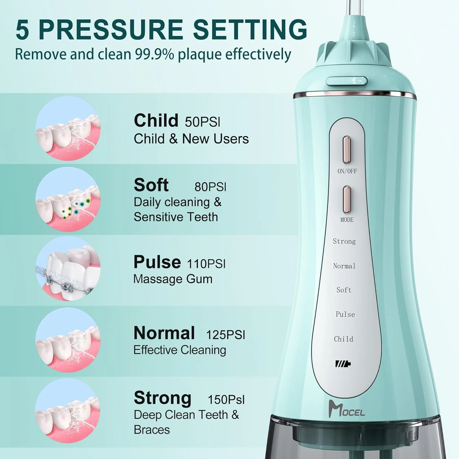 دستگاه شستشوی دهان و دندان با 5 حالت، 350 میلی لیتر، بی سیم، دارای 6 سری، ضد آب IPX7، قابل شارژ، باتری قدرتمند قابل حمل برای مسافرت و استفاده در منزل (سبز)