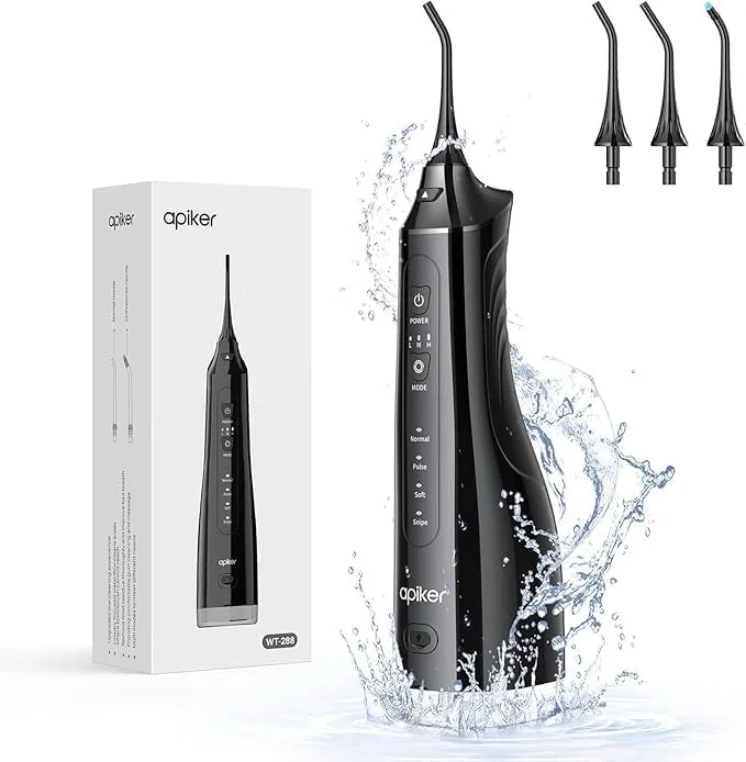 دستگاه شستشوی دهان اپیکر، نخ دندان آبی برقی بی‌سیم با 3 نازل، 4 حالت تمیز کردن برای مراقبت از دهان، تمیز کننده دندان ضد آب IPX7، مخزن آب 310 میلی لیتری، مشکی