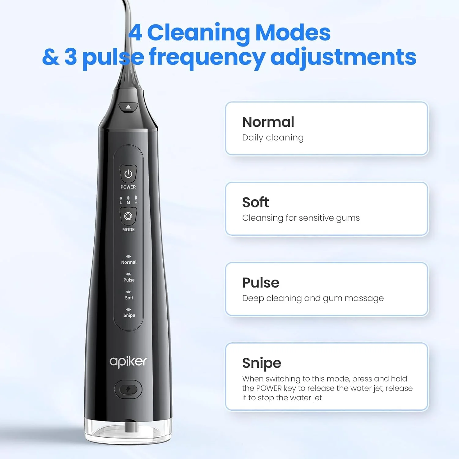 دستگاه شستشوی دهان اپیکر، نخ دندان آبی برقی بی‌سیم با 3 نازل، 4 حالت تمیز کردن برای مراقبت از دهان، تمیز کننده دندان ضد آب IPX7، مخزن آب 310 میلی لیتری، مشکی