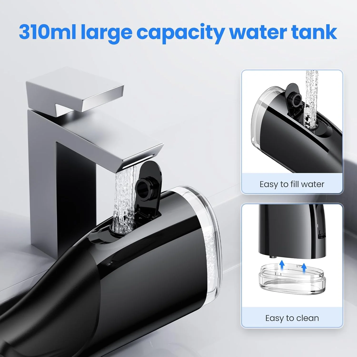 دستگاه شستشوی دهان اپیکر، نخ دندان آبی برقی بی‌سیم با 3 نازل، 4 حالت تمیز کردن برای مراقبت از دهان، تمیز کننده دندان ضد آب IPX7، مخزن آب 310 میلی لیتری، مشکی