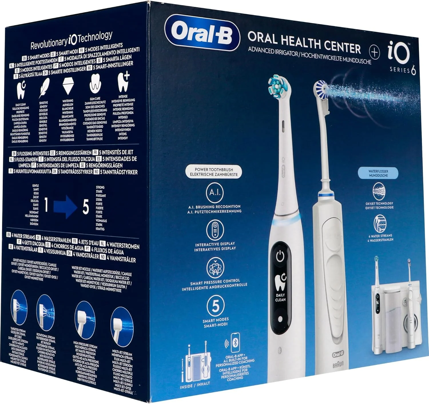 مرکز بهداشت دهان و دندان Oral-B، دستگاه شستشوی دهان با فناوری اکسی جت برای تمیز کردن دندان ها، 2 نازل جایگزین و مسواک برقی iO Series 6، 2 برس جایگزین، 5 حالت برای مراقبت از دندان، سفید