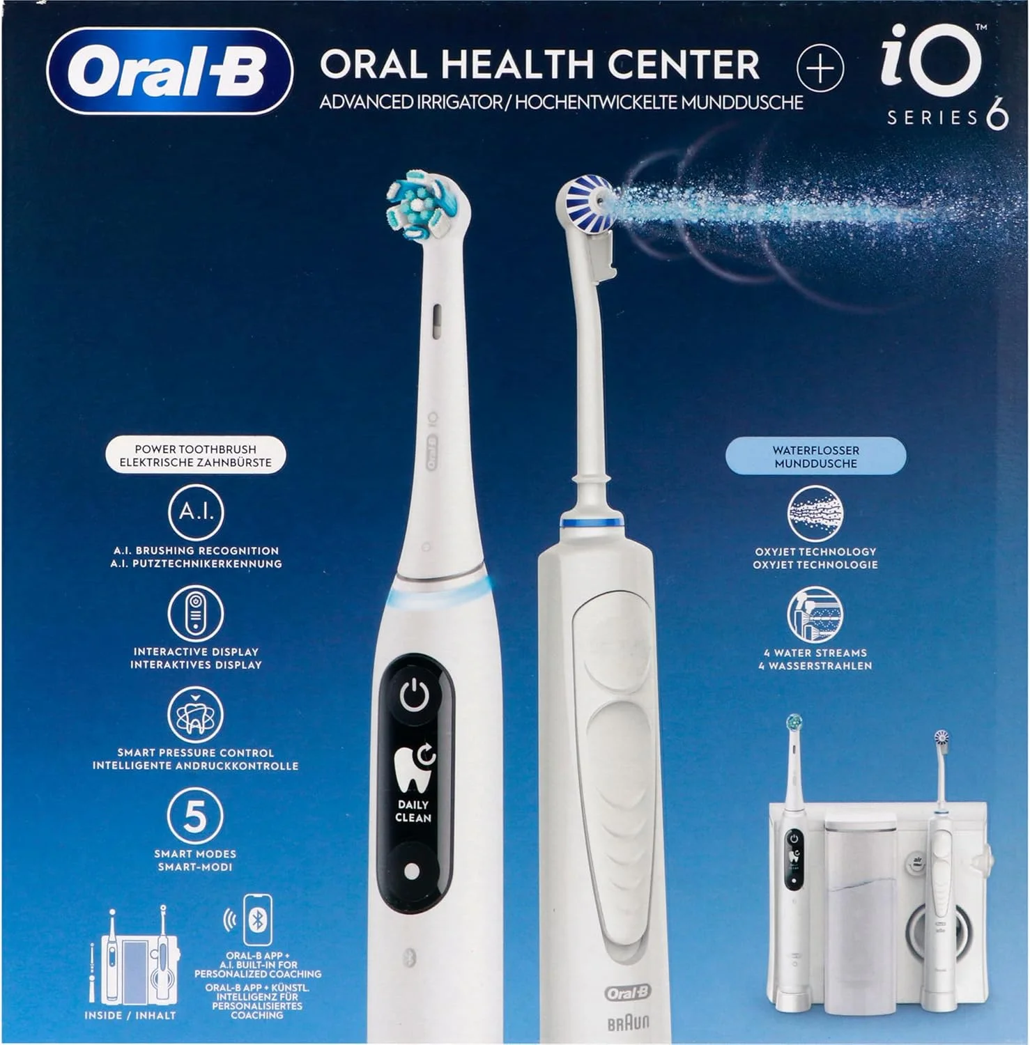 مرکز بهداشت دهان و دندان Oral-B، دستگاه شستشوی دهان با فناوری اکسی جت برای تمیز کردن دندان ها، 2 نازل جایگزین و مسواک برقی iO Series 6، 2 برس جایگزین، 5 حالت برای مراقبت از دندان، سفید