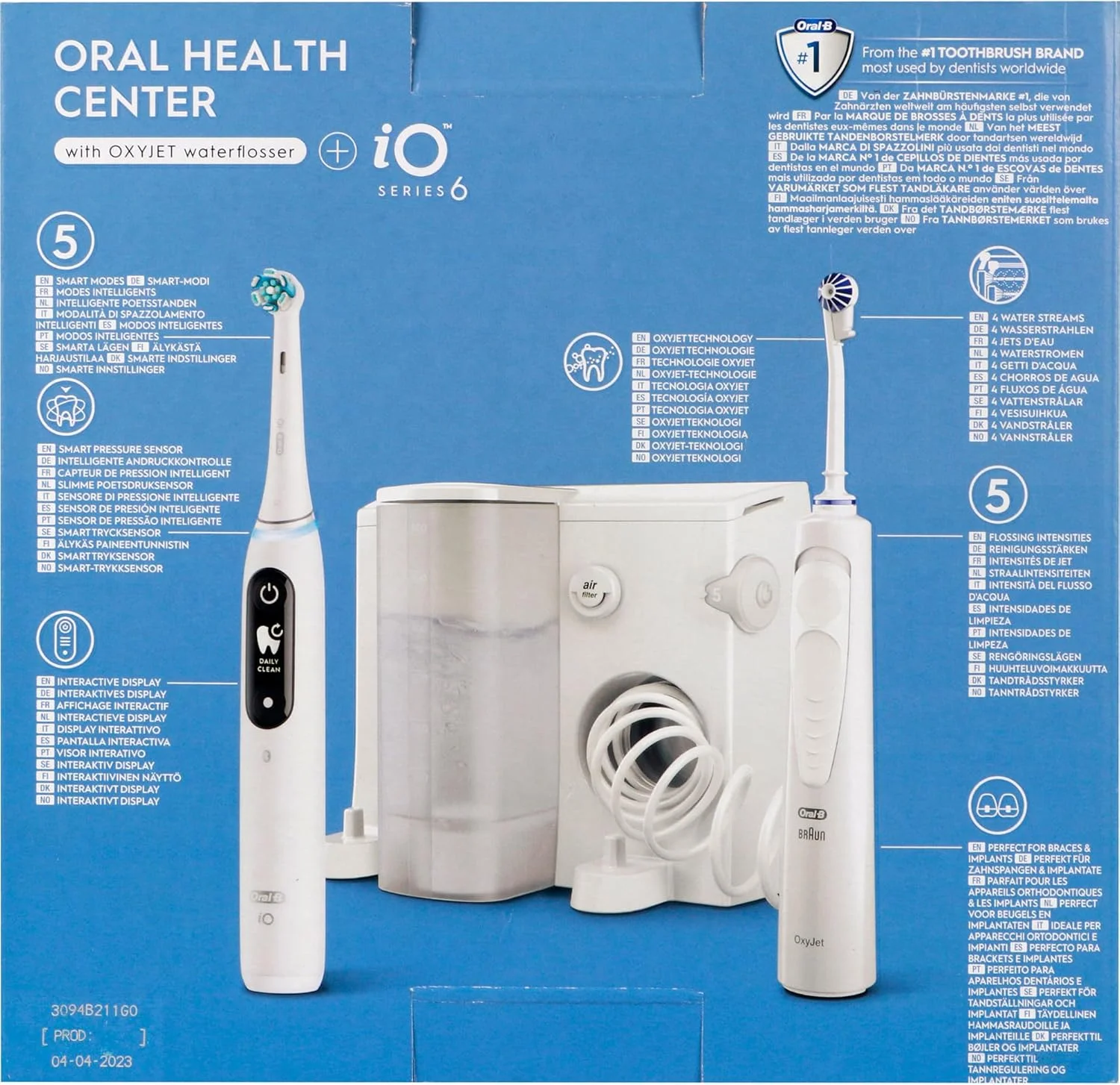 مرکز بهداشت دهان و دندان Oral-B، دستگاه شستشوی دهان با فناوری اکسی جت برای تمیز کردن دندان ها، 2 نازل جایگزین و مسواک برقی iO Series 6، 2 برس جایگزین، 5 حالت برای مراقبت از دندان، سفید
