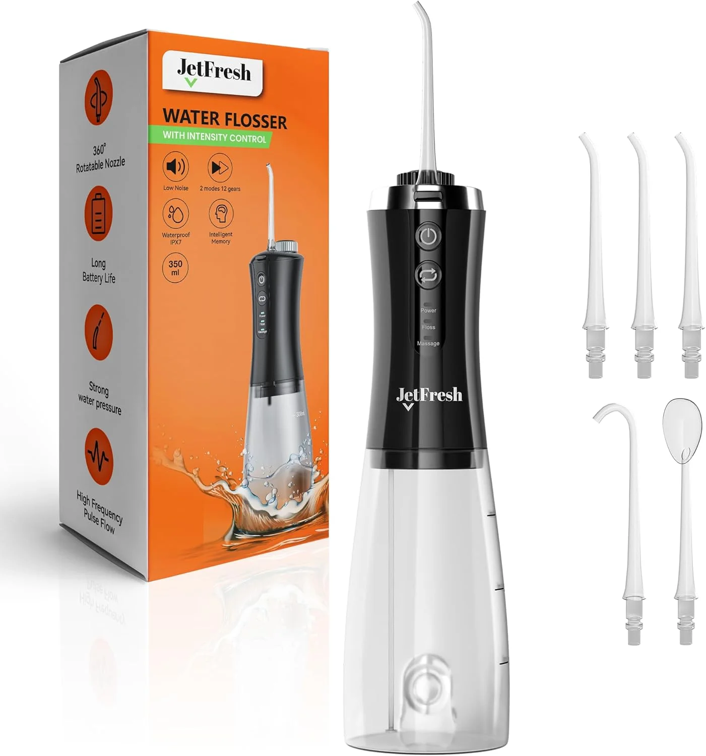 واتر فلاسر بی سیم JetFresh برای تمیز کردن دندان - 2 حالت و 12 سطح فشار، دستگاه آبیاری دهان و دندان قابل شارژ، قابل حمل، مخزن بزرگ 350 میلی لیتری، واتر فلاسر برقی برای مراقبت از ارتودنسی در خانه و مسافرت