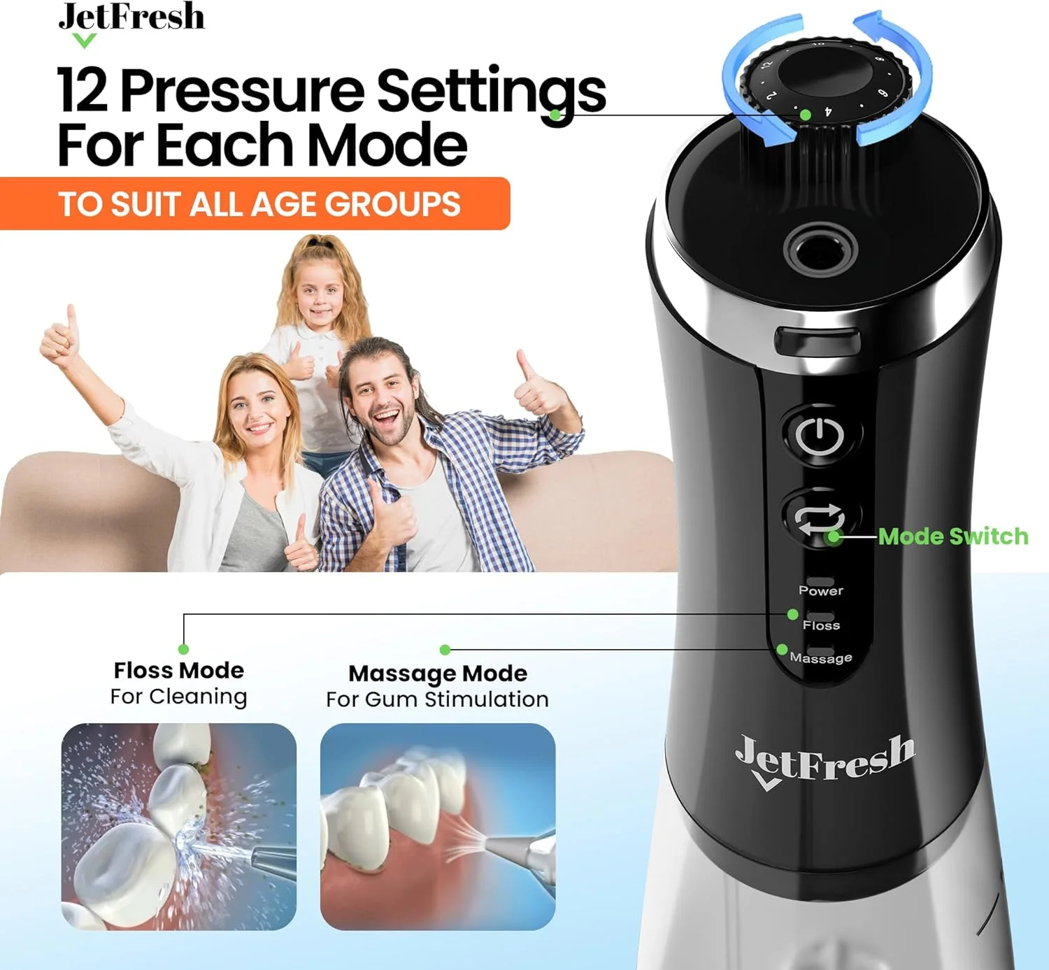 واتر فلاسر بی سیم JetFresh برای تمیز کردن دندان - 2 حالت و 12 سطح فشار، دستگاه آبیاری دهان و دندان قابل شارژ، قابل حمل، مخزن بزرگ 350 میلی لیتری، واتر فلاسر برقی برای مراقبت از ارتودنسی در خانه و مسافرت