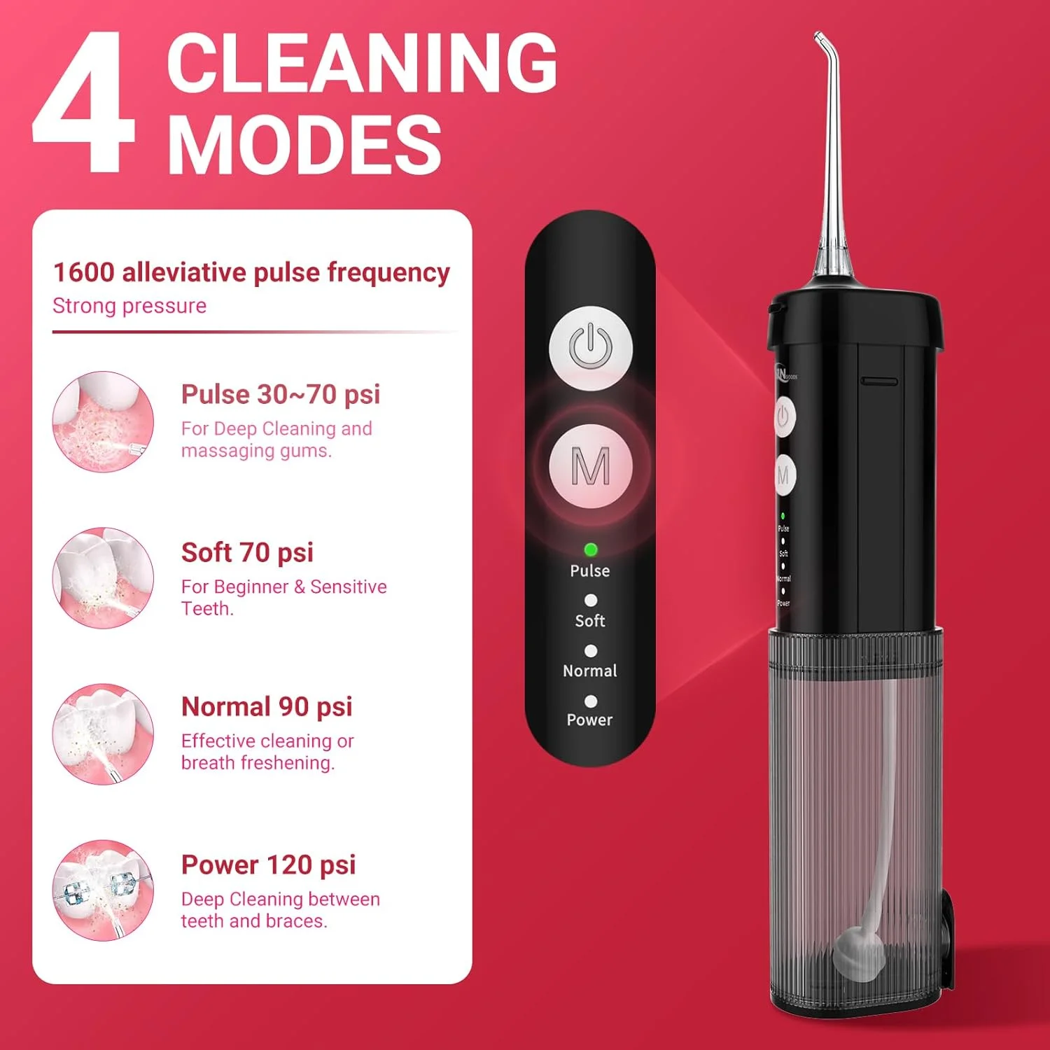 مینی نخ دندان آبی قابل حمل، تمیز کننده دندان، مخزن آب تلسکوپی، 4 حالت و ضد آب IPX7، مناسب برای استفاده در خانه و مسافرت، مراقبت از دندان، ارتودنسی و بریج (مشکی)