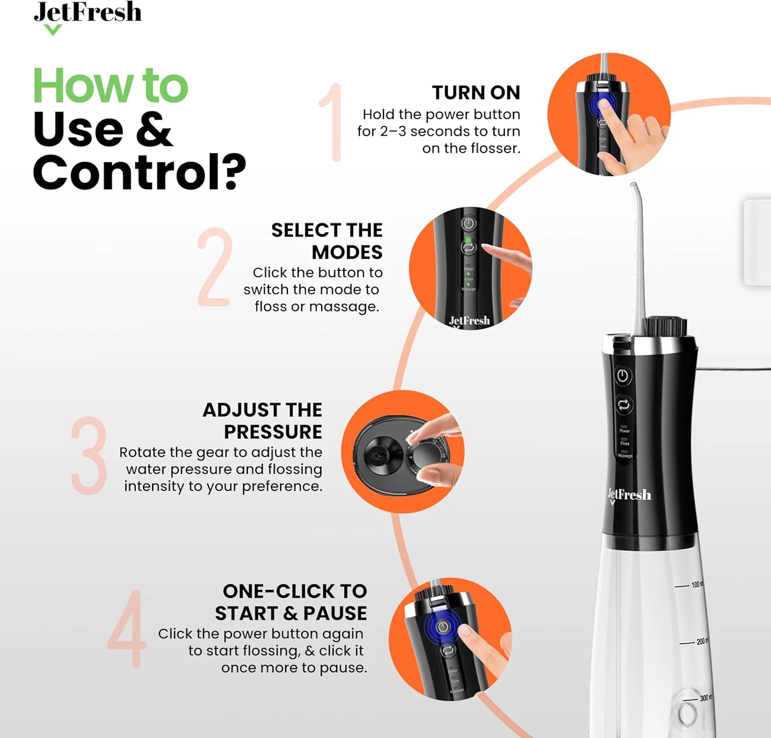واتر فلاسر بی سیم JetFresh برای تمیز کردن دندان - 2 حالت و 12 سطح فشار، دستگاه آبیاری دهان و دندان قابل شارژ، قابل حمل، مخزن بزرگ 350 میلی لیتری، واتر فلاسر برقی برای مراقبت از ارتودنسی در خانه و مسافرت