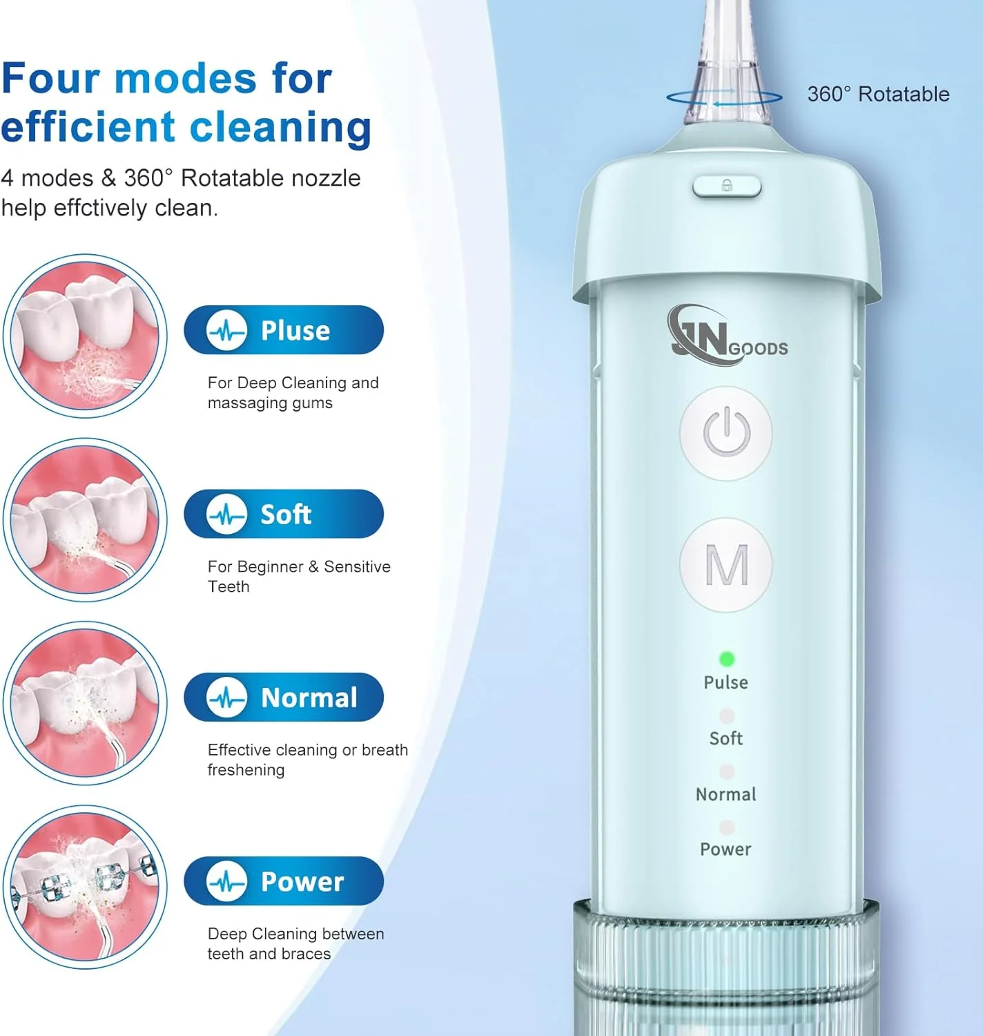 واتر فلاسر کوچک قابل حمل، پاک کننده دندان با آب، مخزن آب تلسکوپی، 4 حالت و ضد آب IPX7، مناسب برای خانه و مسافرت، مراقبت از دندان، ارتودنسی و بریج (آبی صدفی)