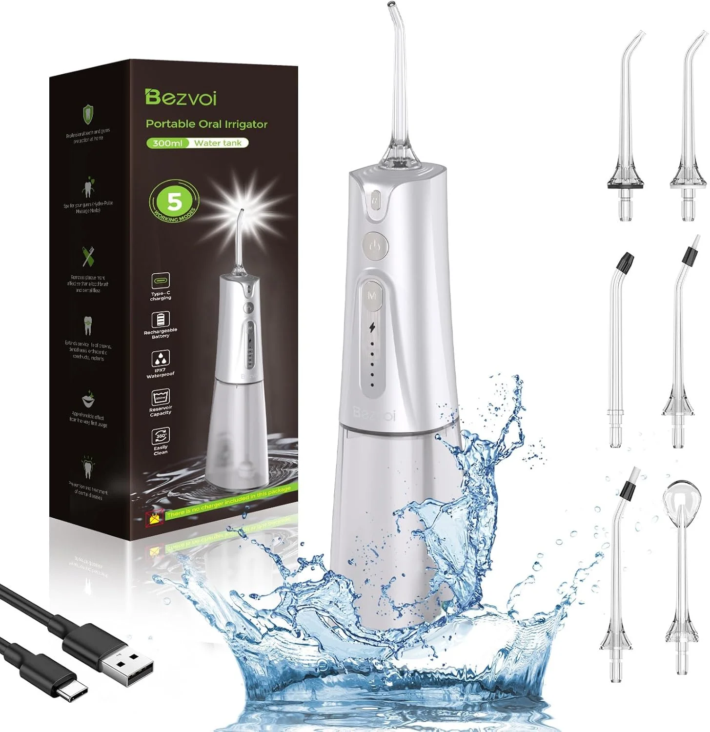دستگاه شستشوی دهان بی سیم: نمایشگر LED، ۵ حالت، مخزن آب ۳۰۰ میلی لیتری و ۶ نازل، ضد آب IPX7