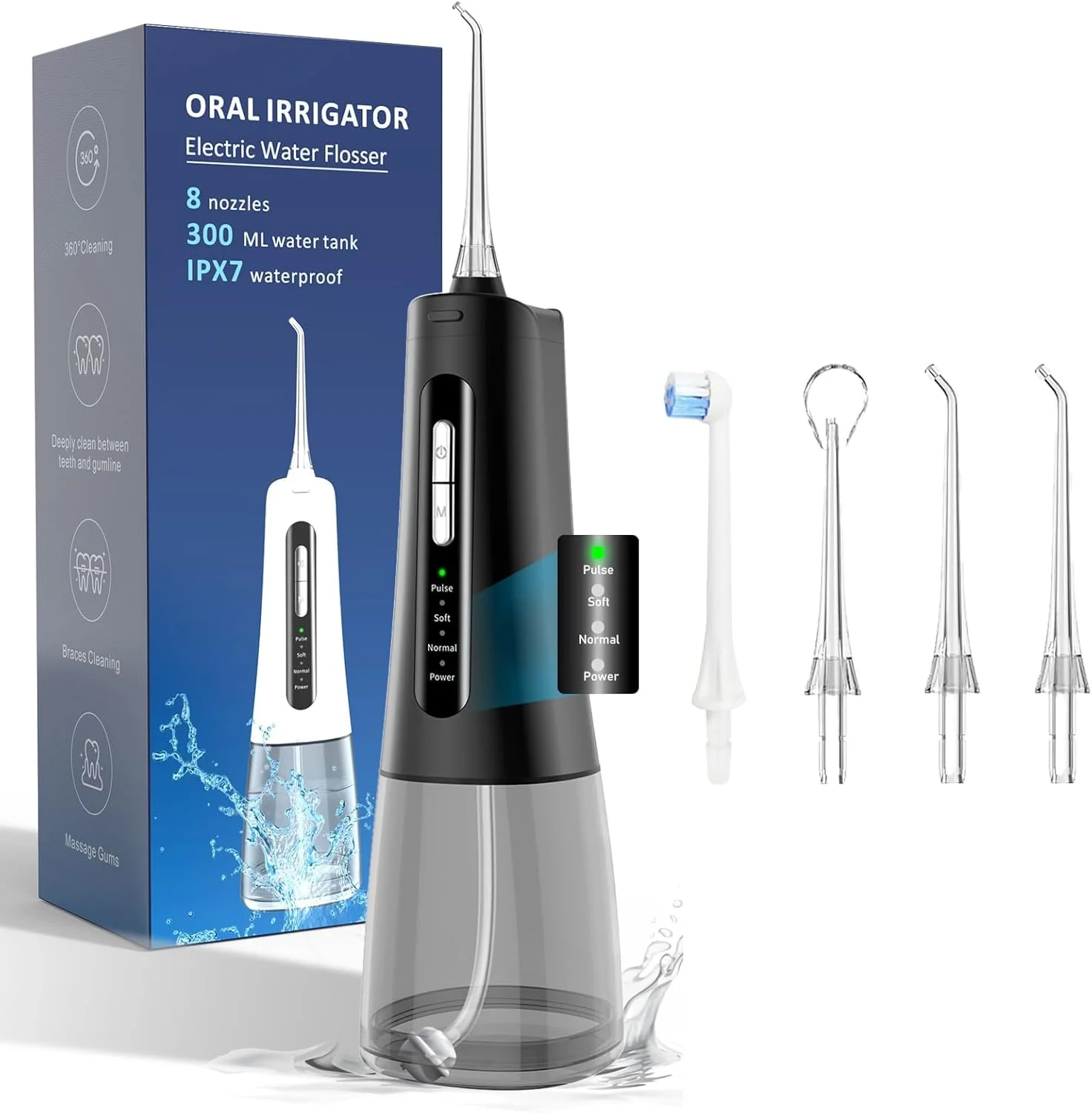 دستگاه شستشوی دهان و دندان KASTWAVE، نخ دندان آبی قابل حمل و بی سیم، تمیز کننده آبی قابل شارژ 300 میلی لیتری، ضد آب IPX7، دارای 4 حالت و 8 سری جت، مناسب برای تمیز کردن دندان