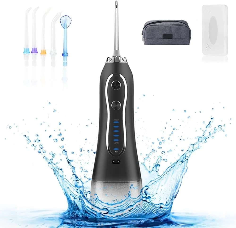 دستگاه نخ دندان آبی KinseiBeauty برای تمیز کردن دندان، دستگاه آبی دندان، دستگاه شستشوی دهان با 5 حالت، 5 نازل جت، 1 سر مسواک، ضد آب IPX7، مخزن آب 300 میلی لیتری
