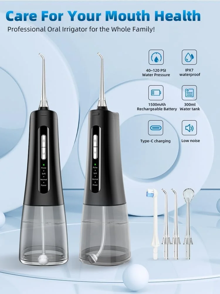دستگاه شستشوی دهان و دندان KASTWAVE، نخ دندان آبی قابل حمل و بی سیم، تمیز کننده آبی قابل شارژ 300 میلی لیتری، ضد آب IPX7، دارای 4 حالت و 8 سری جت، مناسب برای تمیز کردن دندان