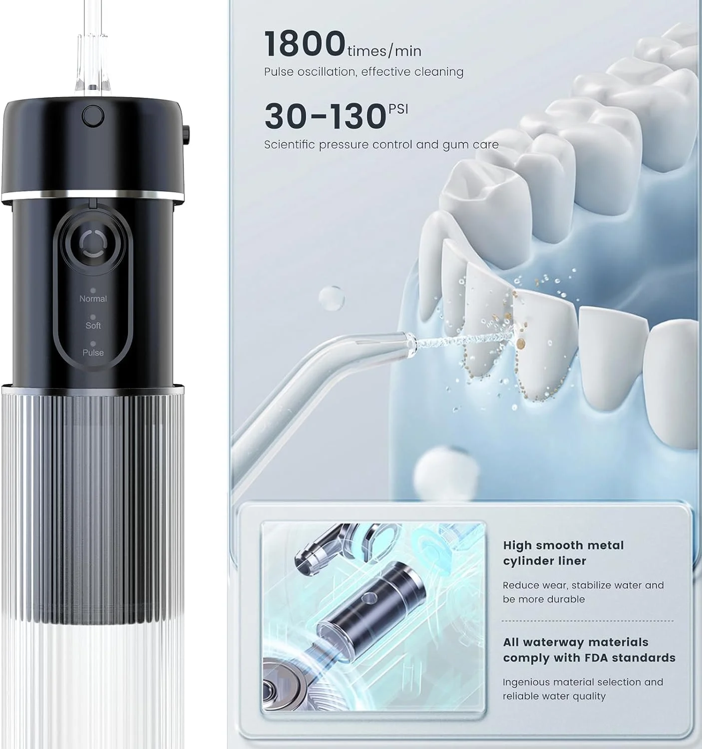 دستگاه پاک کننده دندان KASTWAVE، نخ دندان آبی بی سیم با 4 حالت و 3 سرعت، ضد آب IPX7، انتخابگر دندان آبی قابل حمل با USB برای خانه و مسافرت (مشکی)