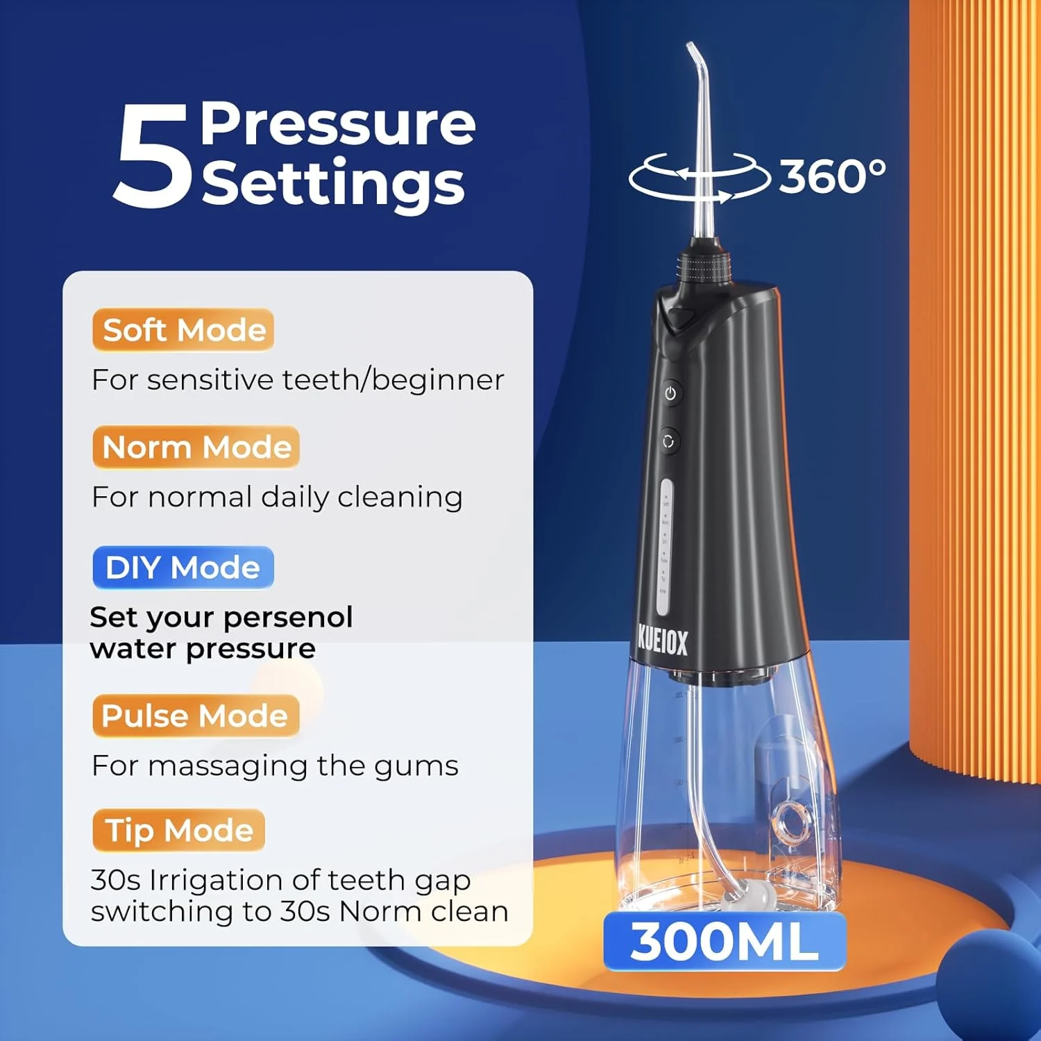 مسواک برقی KUEIOX با نخ دندان آبی بی سیم، نخ دندان آبی مسافرتی قابل حمل 320 میلی لیتری برای دندان با 5 حالت و 6 سری جت و IPX7 ضد آب برای تمیز کردن و نخ دندان کشیدن دندان (مشکی)