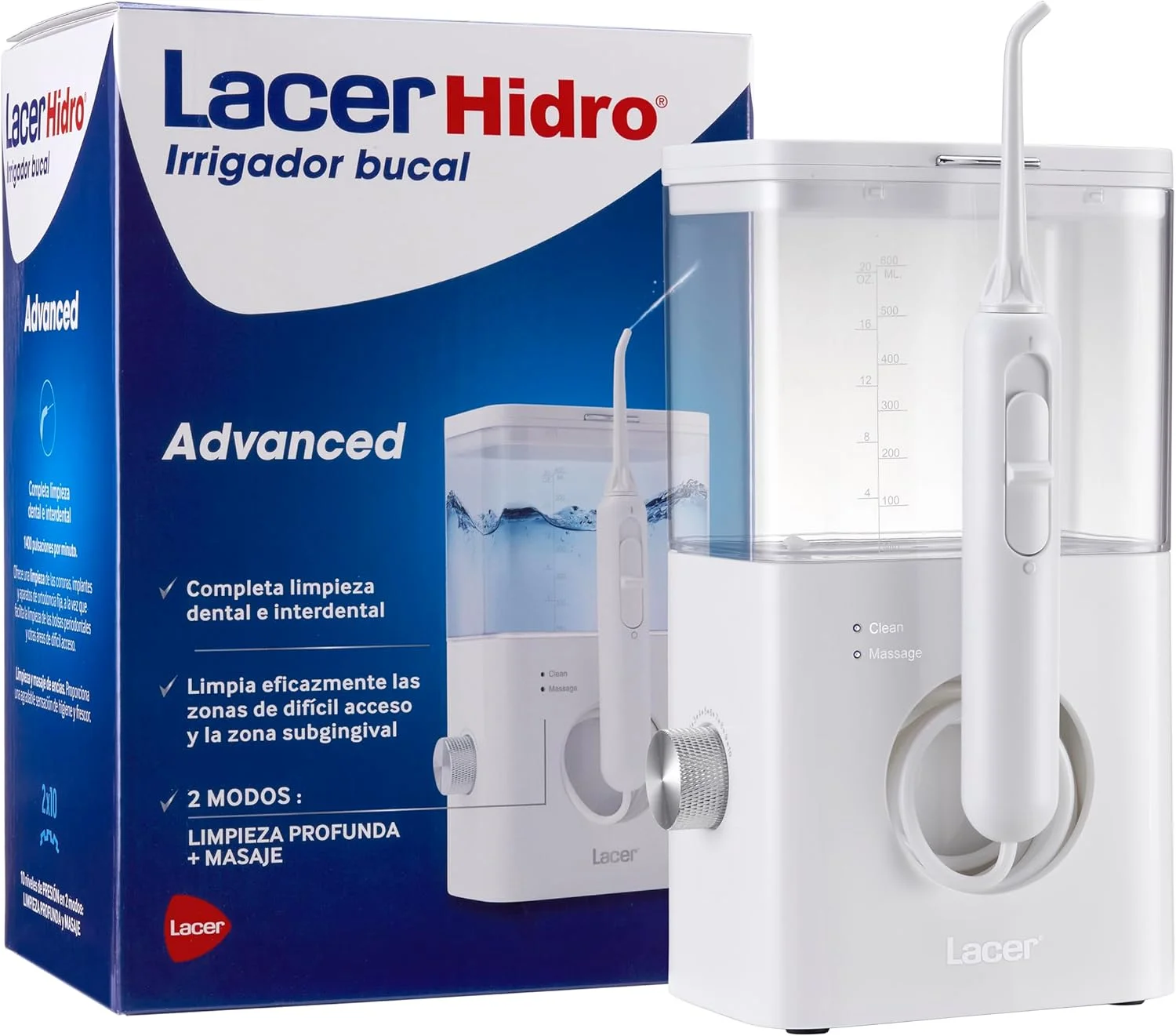 دستگاه شستشوی دهان Lacer Hidro Advanced به همراه 4 سری، مسواک برقی و دهانشویه، پاکسازی عمیق، ماساژ لثه، تمیز کننده زبانی و زیر لثه ای، 10 سطح فشار، سفید